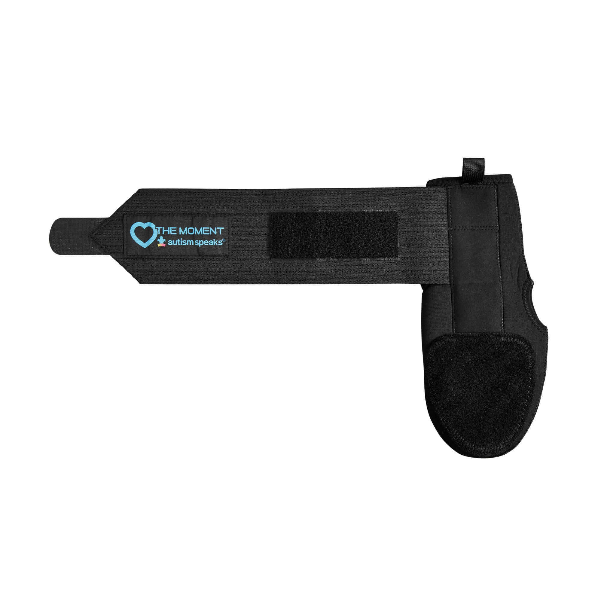 Evoshield Autism Speaks Sliding Mitt LH in black with 'Love the Moment' logo, featuring protective plates and secure straps.