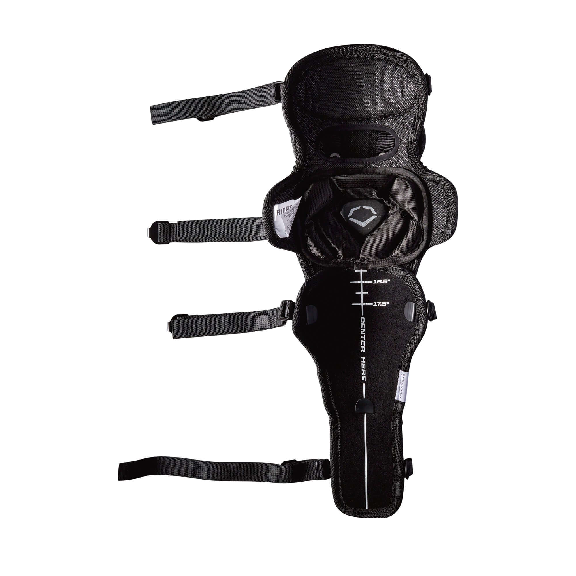 Evoshield Pro-SRZ Adult Catcher's Upper Leg Guards with adjustable straps for a customizable fit and reinforced knee protection.