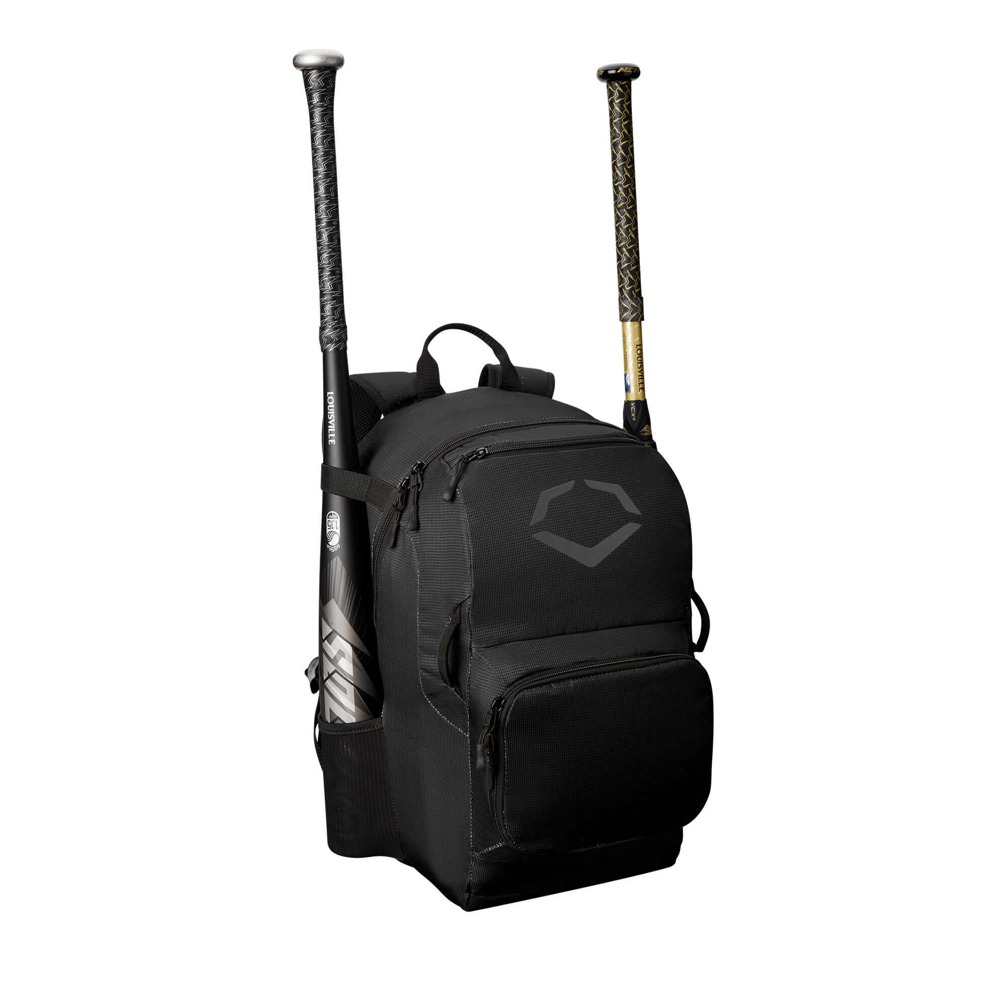 EvoShield SRZ-1 backpack with two bats, spacious main compartment for youth sports gear and accessories.