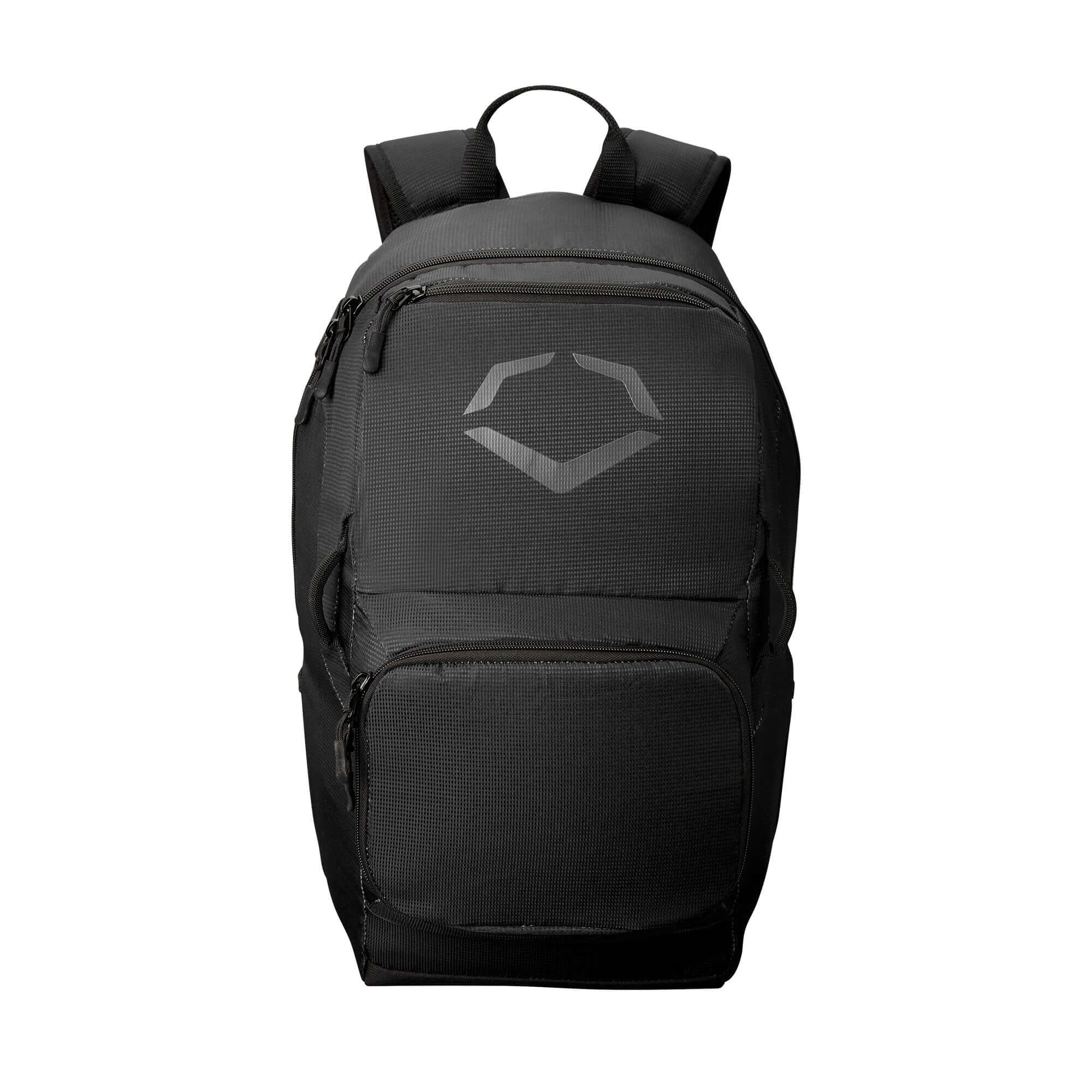 EvoShield SRZ-1 Backpack in black, featuring spacious compartments for youth sports gear and accessories.