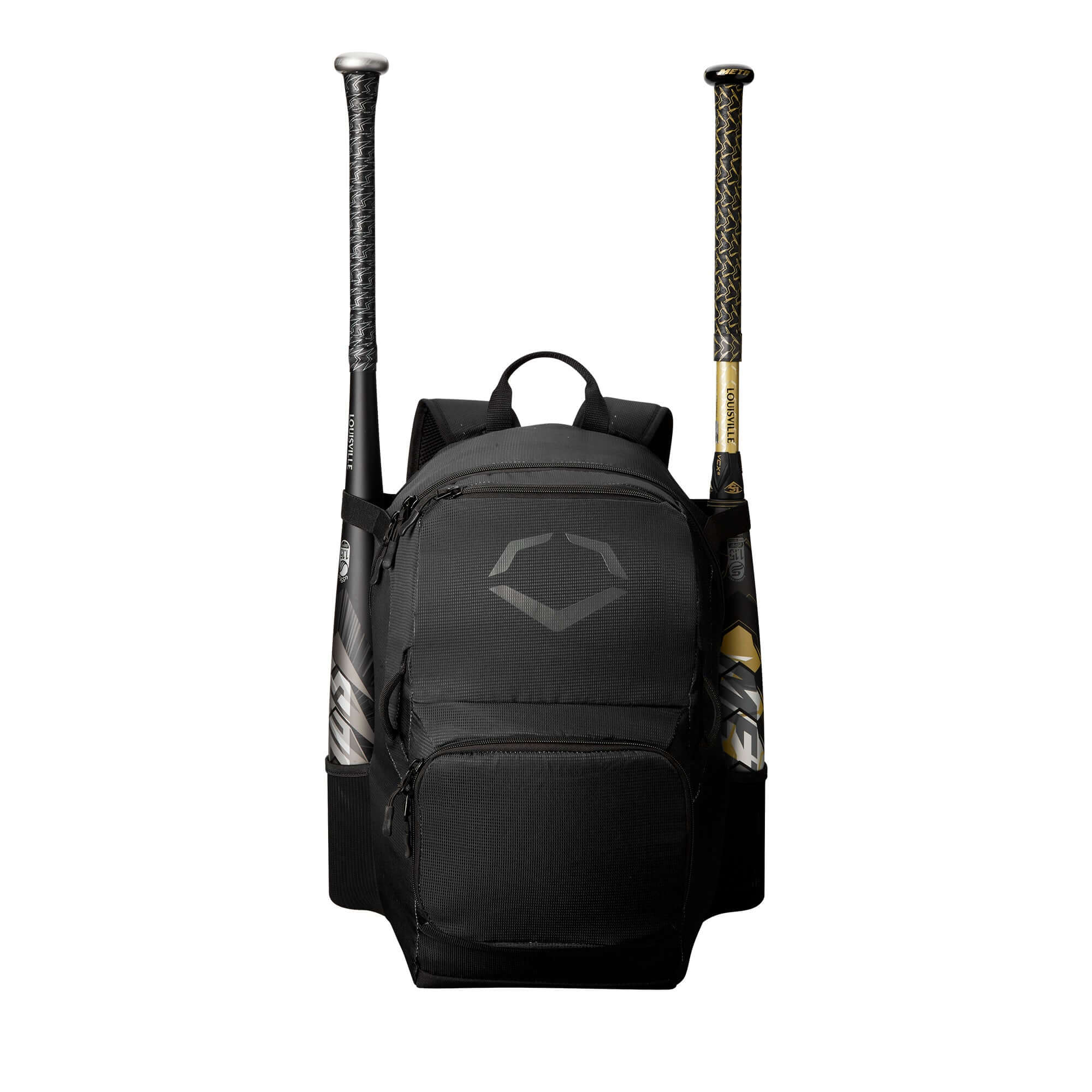 EvoShield SRZ-1 backpack featuring dual mesh bat sleeves, designed for young players to carry their gear.