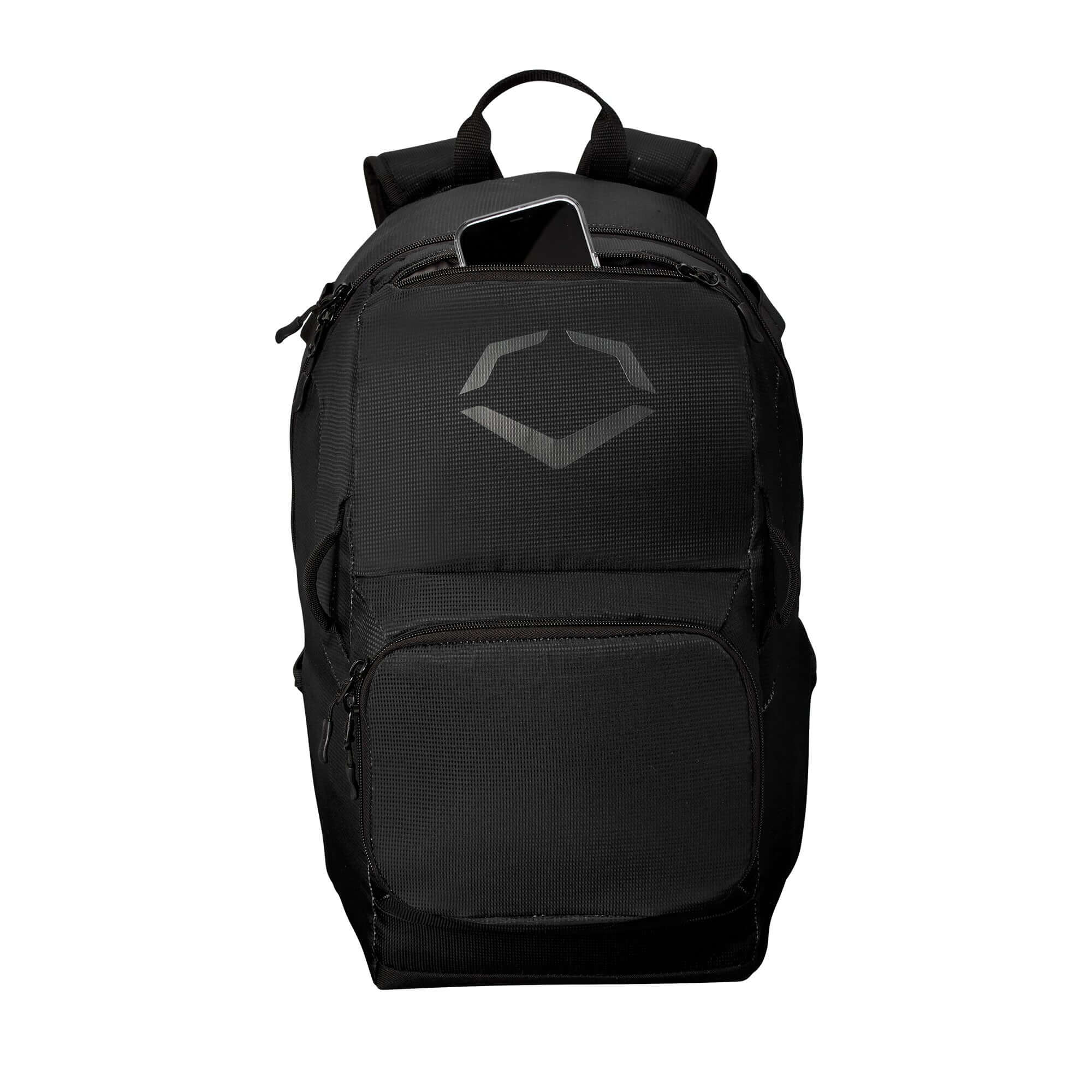 EvoShield SRZ-1 backpack in black, featuring spacious compartments for sports gear and accessories.