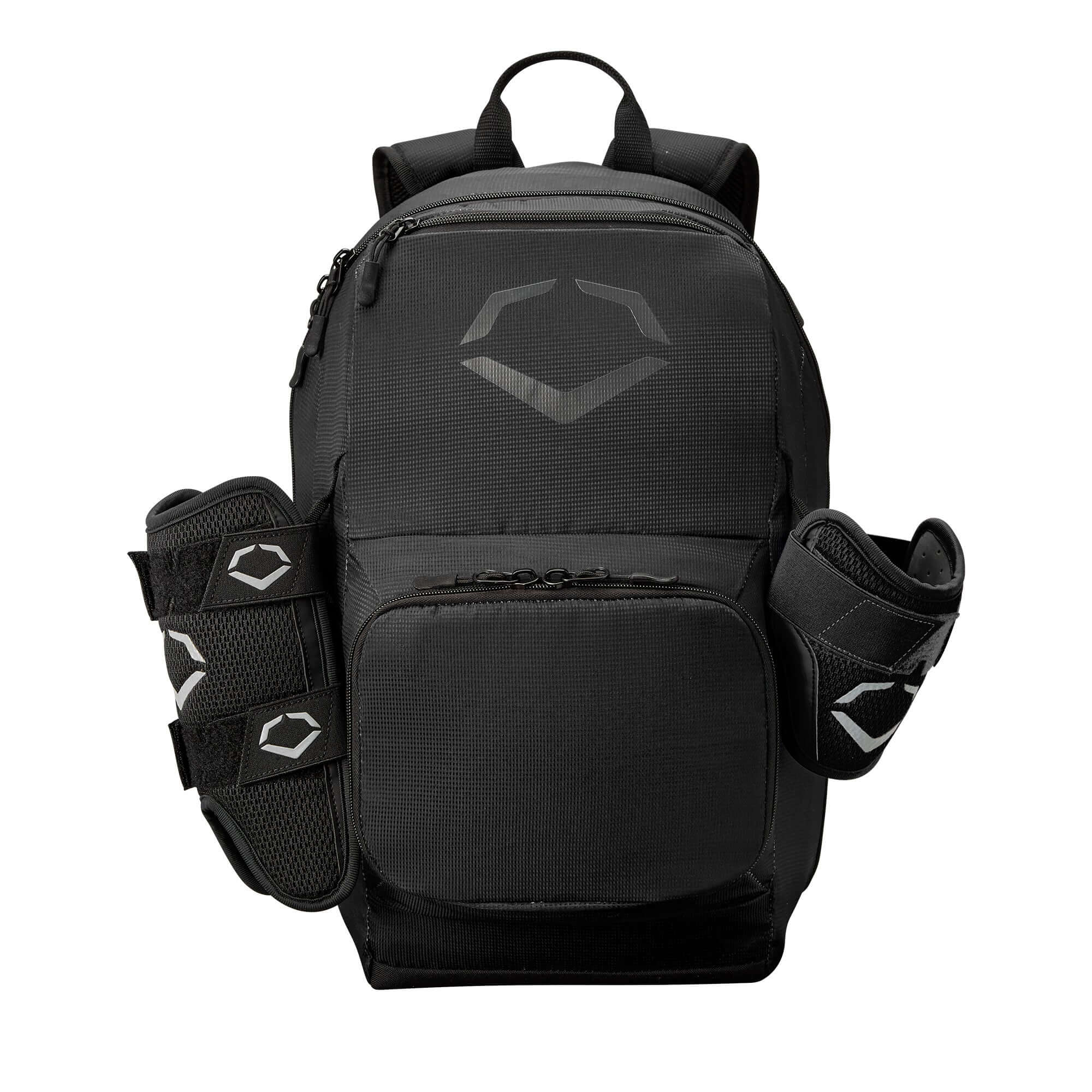 EvoShield SRZ-1 backpack in black with mesh bat sleeves for youth players' gear storage.