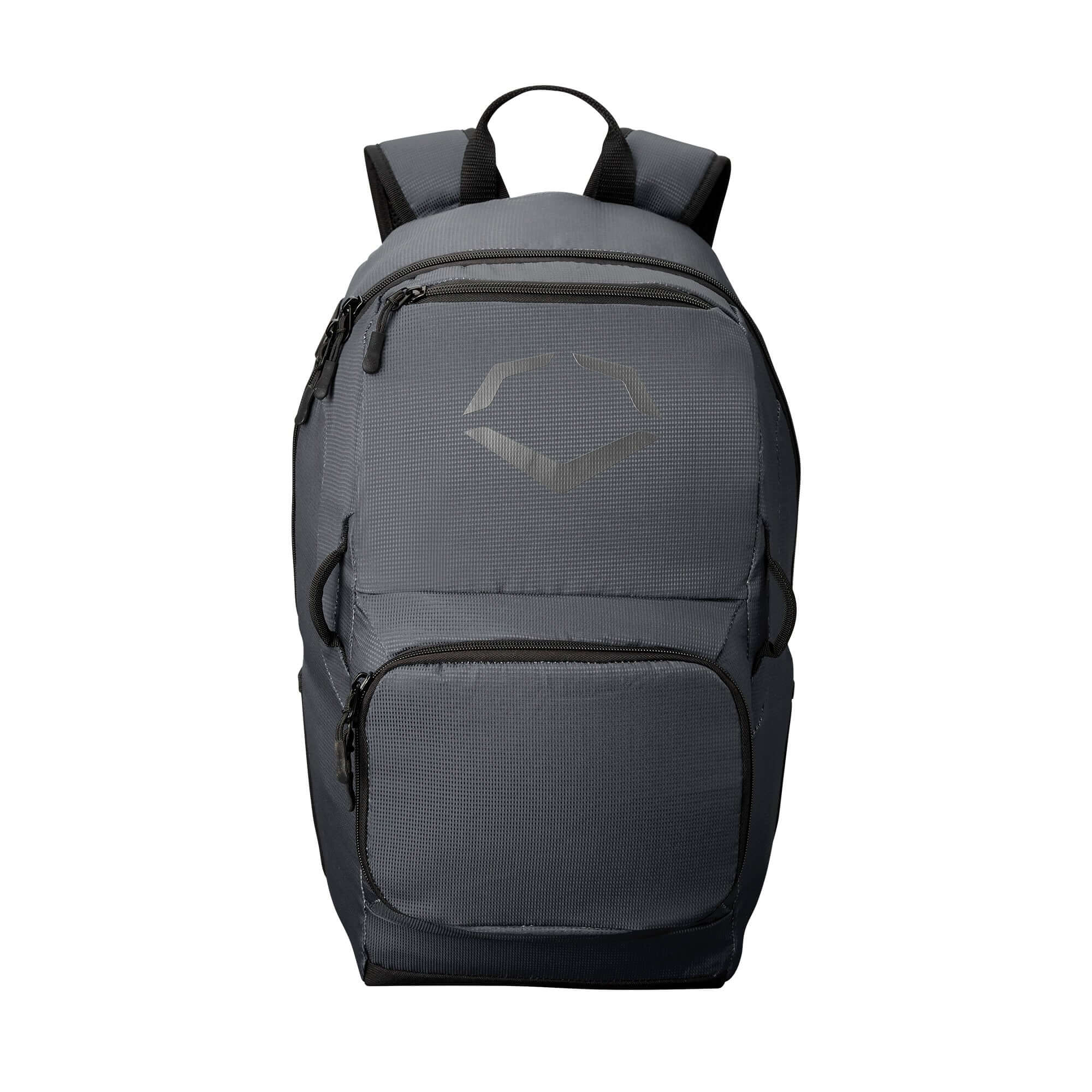 EvoShield SRZ-1 backpack in gray, featuring a spacious main compartment and two mesh bat sleeves for young players.