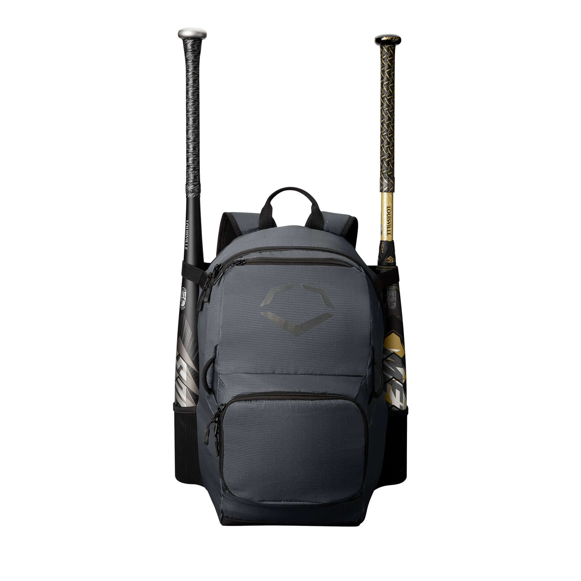 EvoShield SRZ-1 backpack in gray with two bats, perfect for young players to carry gear to the field.