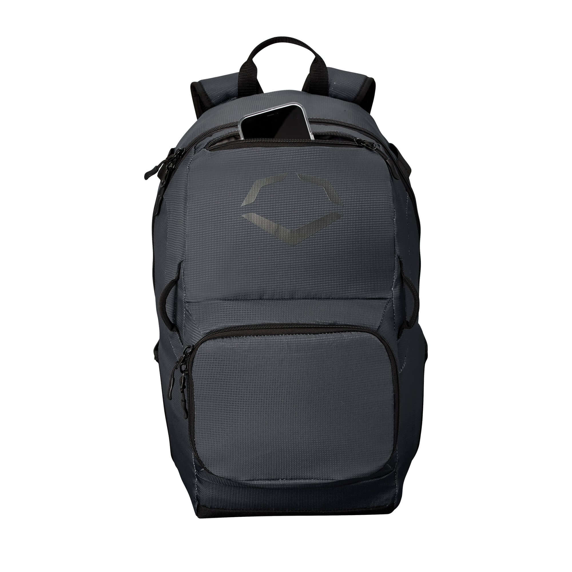 Dark gray Evoshield SRZ-1 backpack with multiple compartments for youth sports gear and accessories.