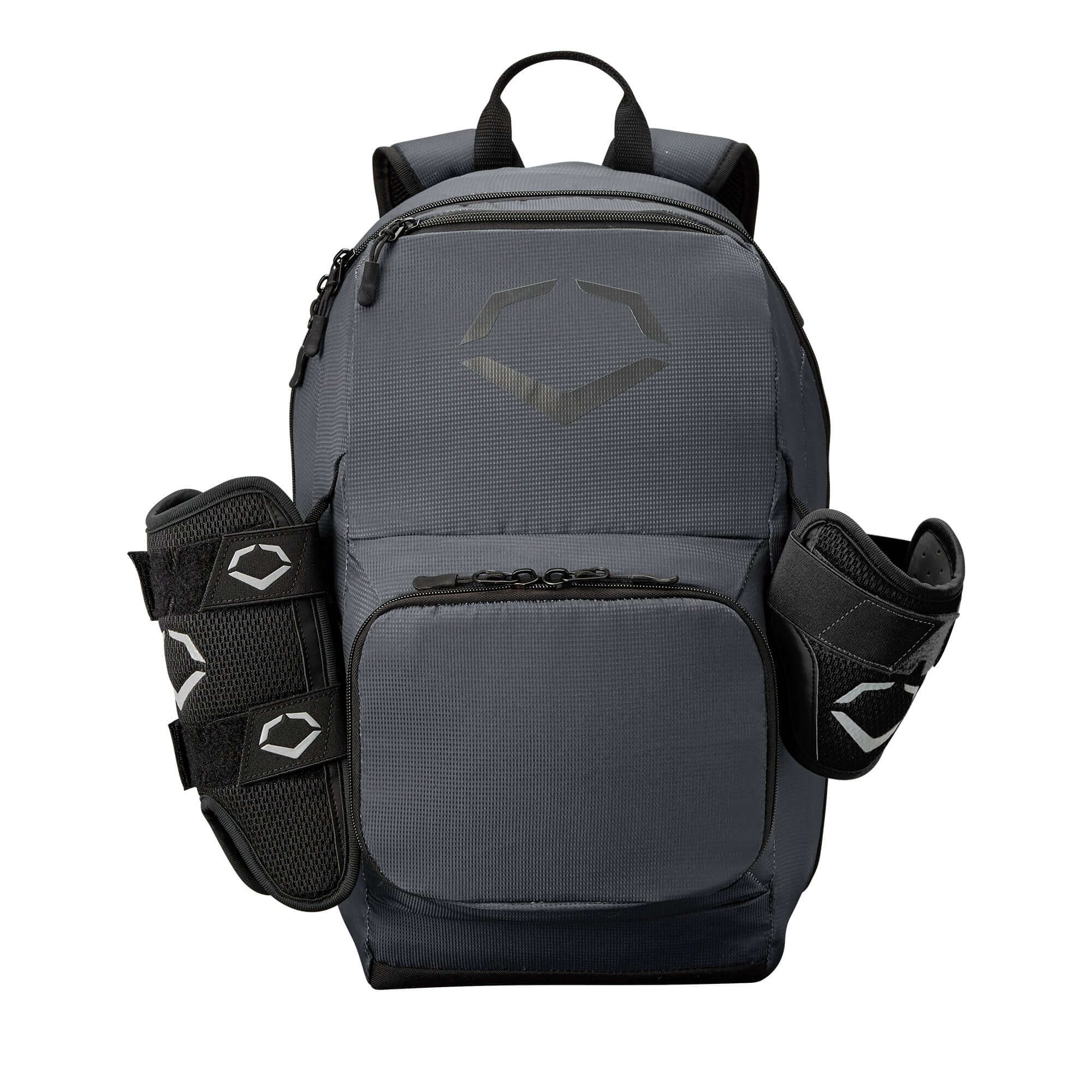EvoShield SRZ-1 Backpack in gray with side bat sleeves, perfect for young baseball players to carry gear.