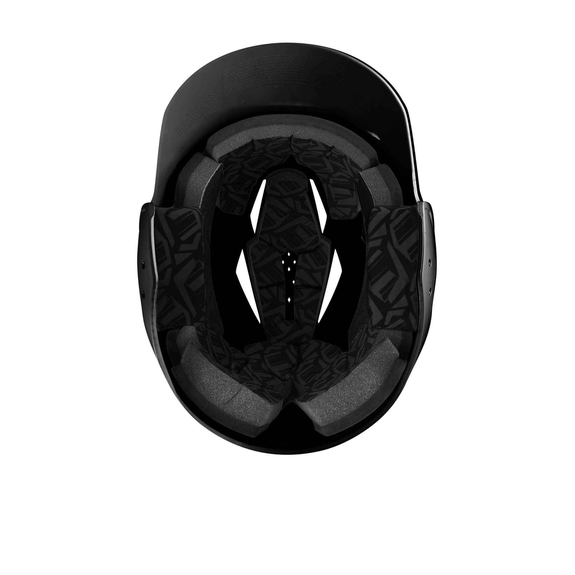 Interior view of EvoShield XVT 2.0 Glossy Black Batting Helmet showcasing compression-molded pads for comfort and protection.