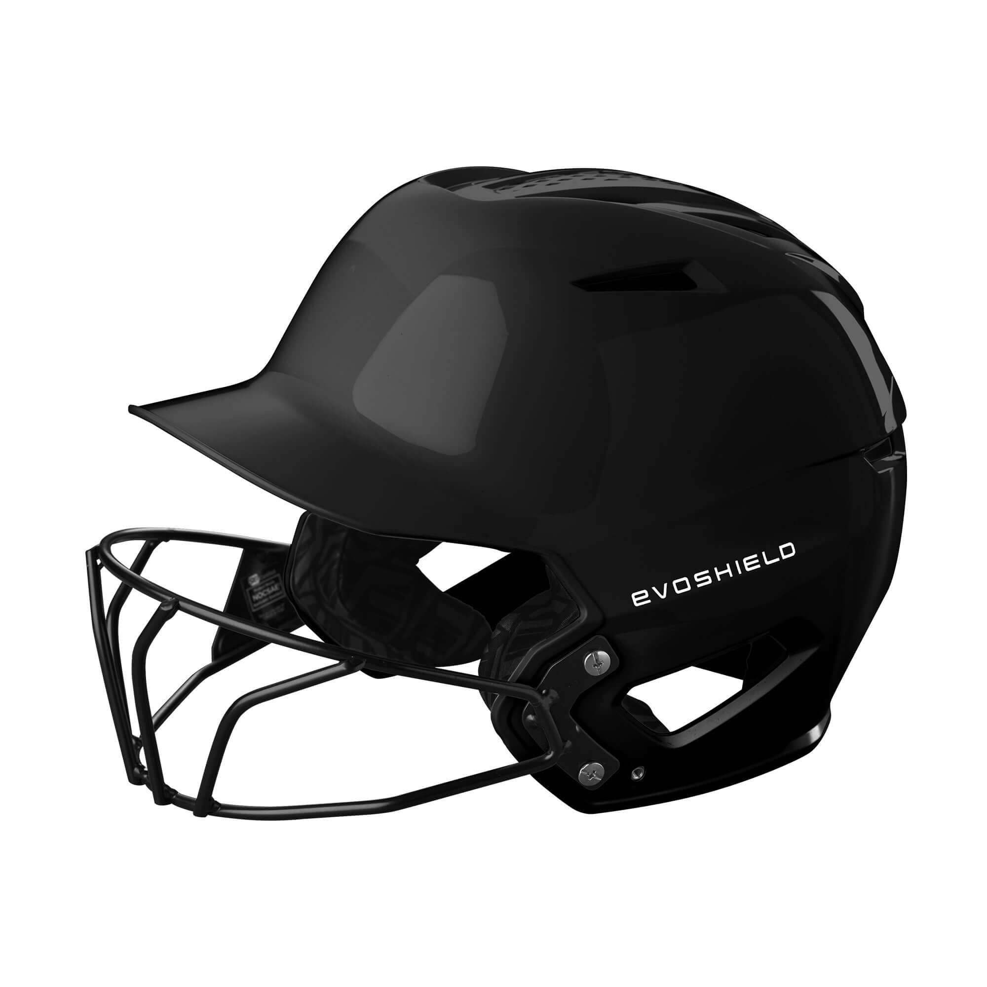 Evoshield XVT 2.0 glossy black batting helmet with facemask, designed for comfort and protection in baseball.