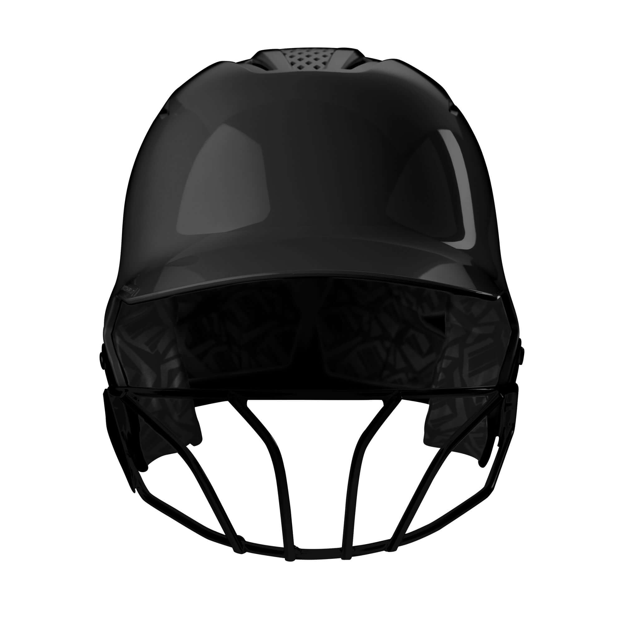 Evoshield XVT 2.0 glossy batting helmet with facemask in black, front view showing sleek design and protective features.
