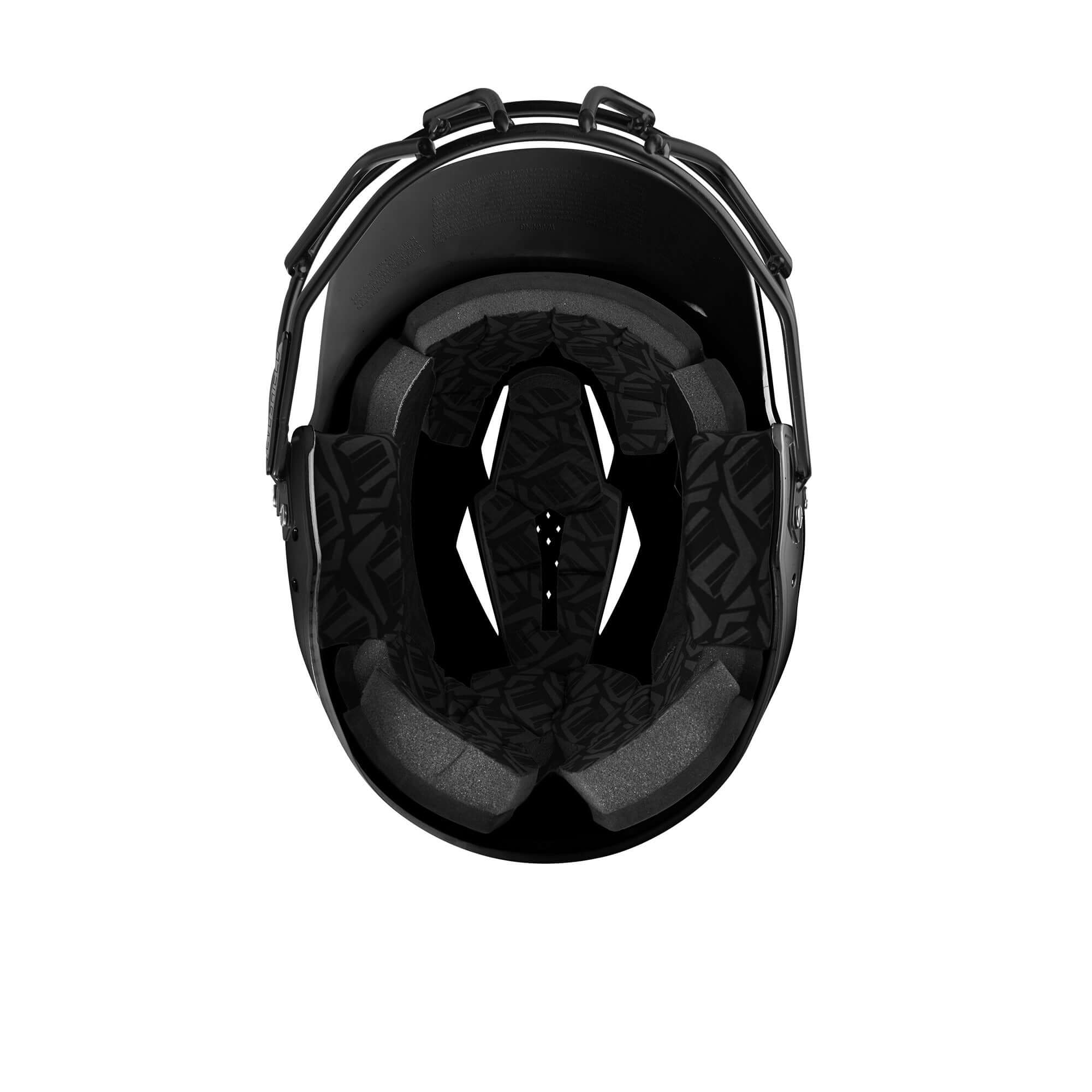 Interior view of Evoshield XVT 2.0 batting helmet showcasing sleek padding and facemask design in black.