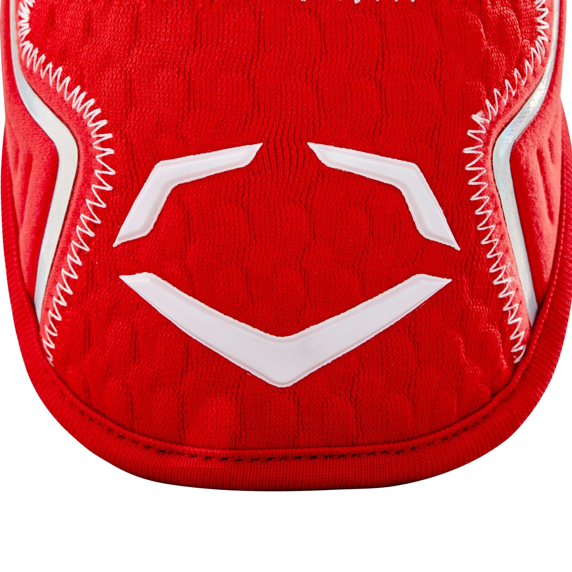 Close-up of the Evoshield Pro-SRZ 2.0 Elbow Guard in scarlet with signature design details.