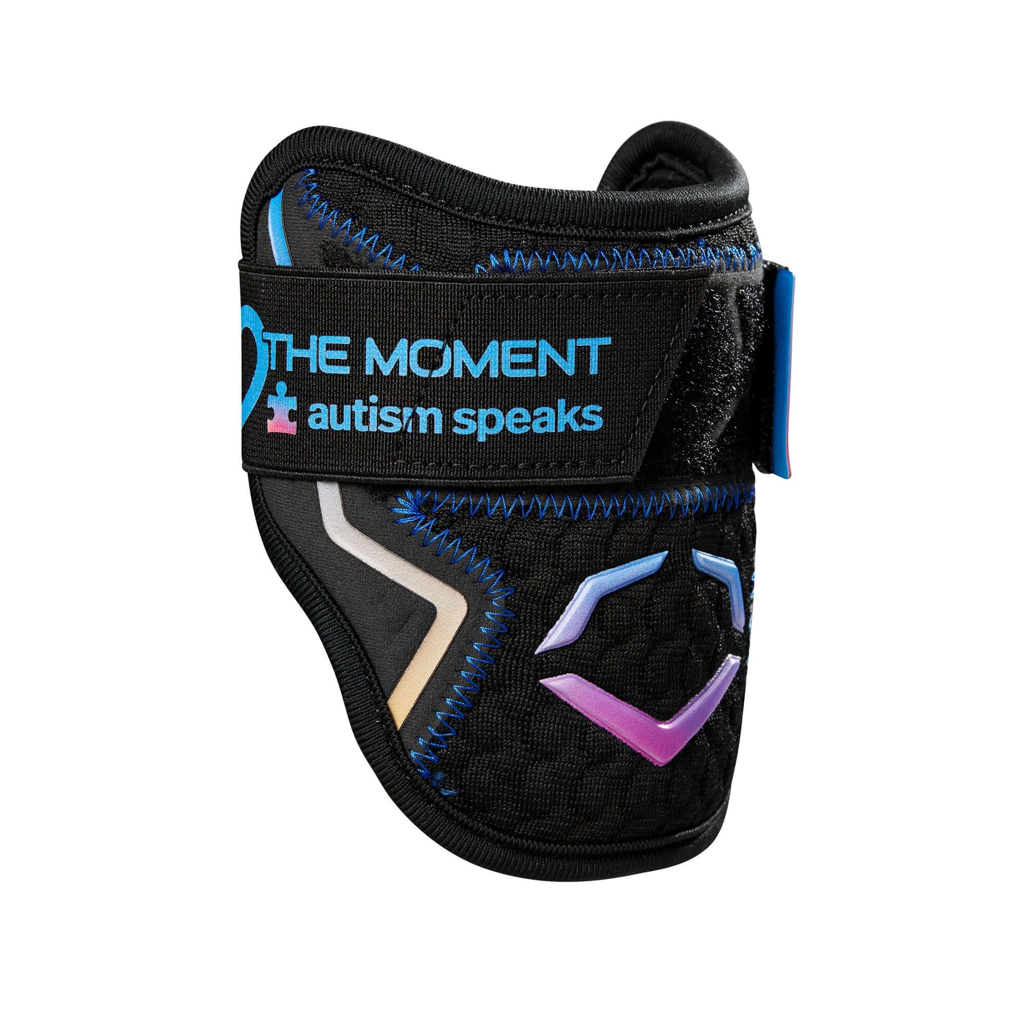 Evoshield Autism Speaks Pro SRZ 2.0 Single Strap Elbow Guard in black with gradient logos and ergonomic design.