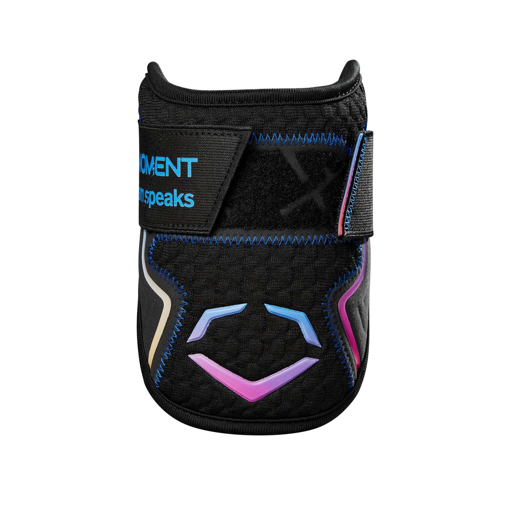 Evoshield Autism Speaks Pro SRZ 2.0 Single Strap Elbow Guard in black with colorful logos and ergonomic design.