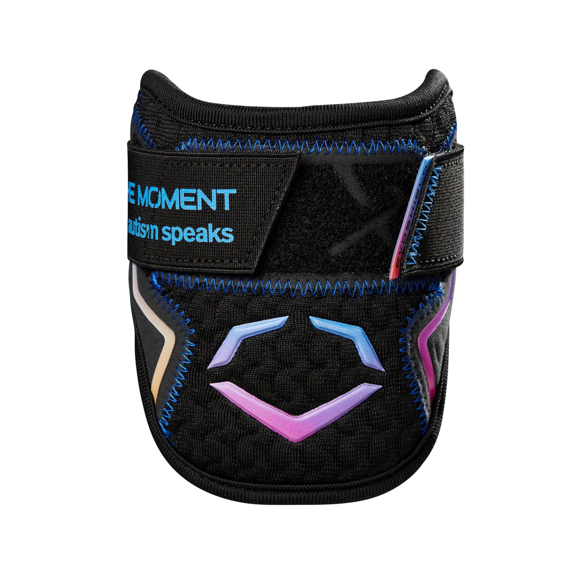 Evoshield Autism Speaks Pro SRZ 2.0 Single Strap Elbow Guard in black with gradient logos and ergonomic design.