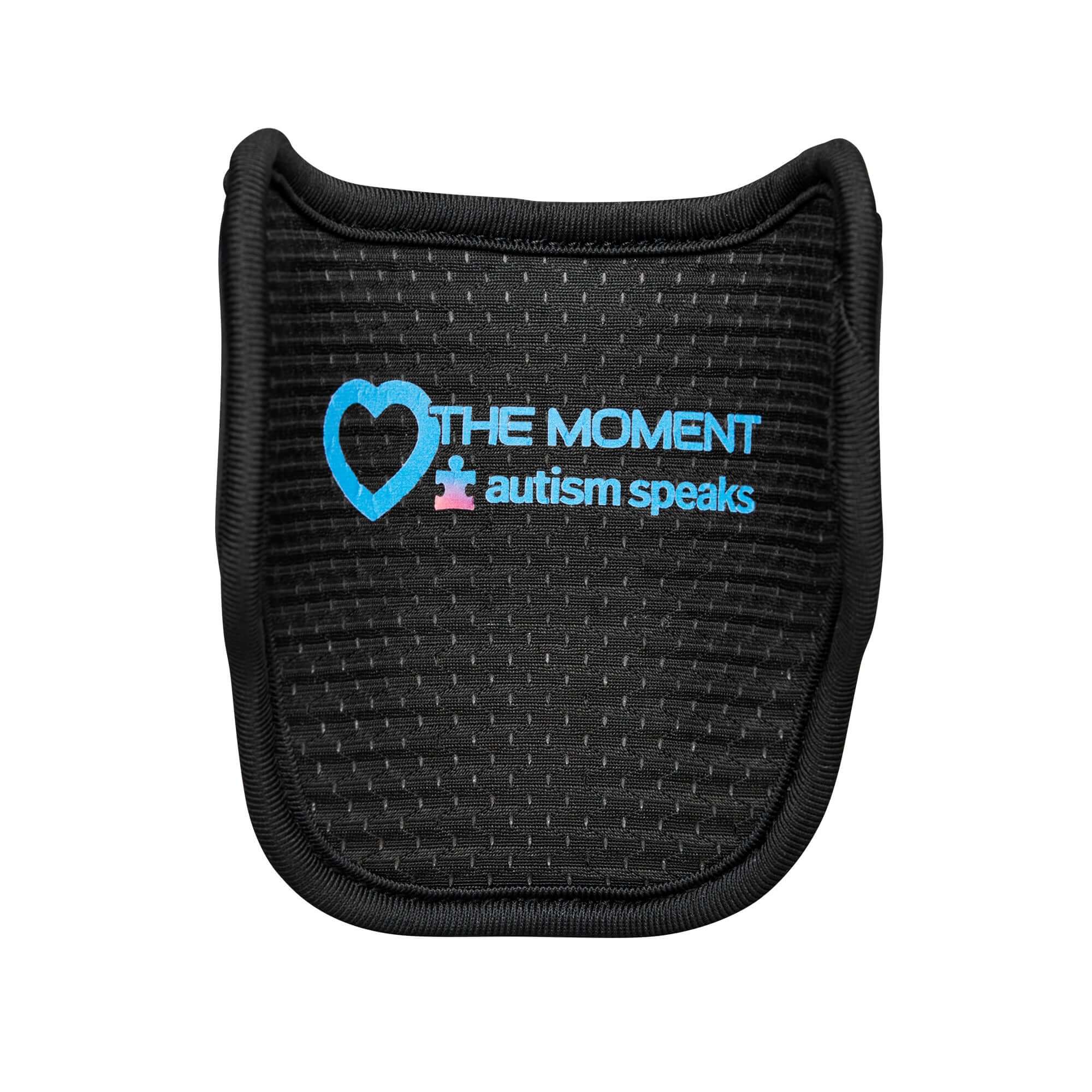Evoshield Autism Speaks elbow guard featuring "THE MOMENT" logo in blue on a black background.