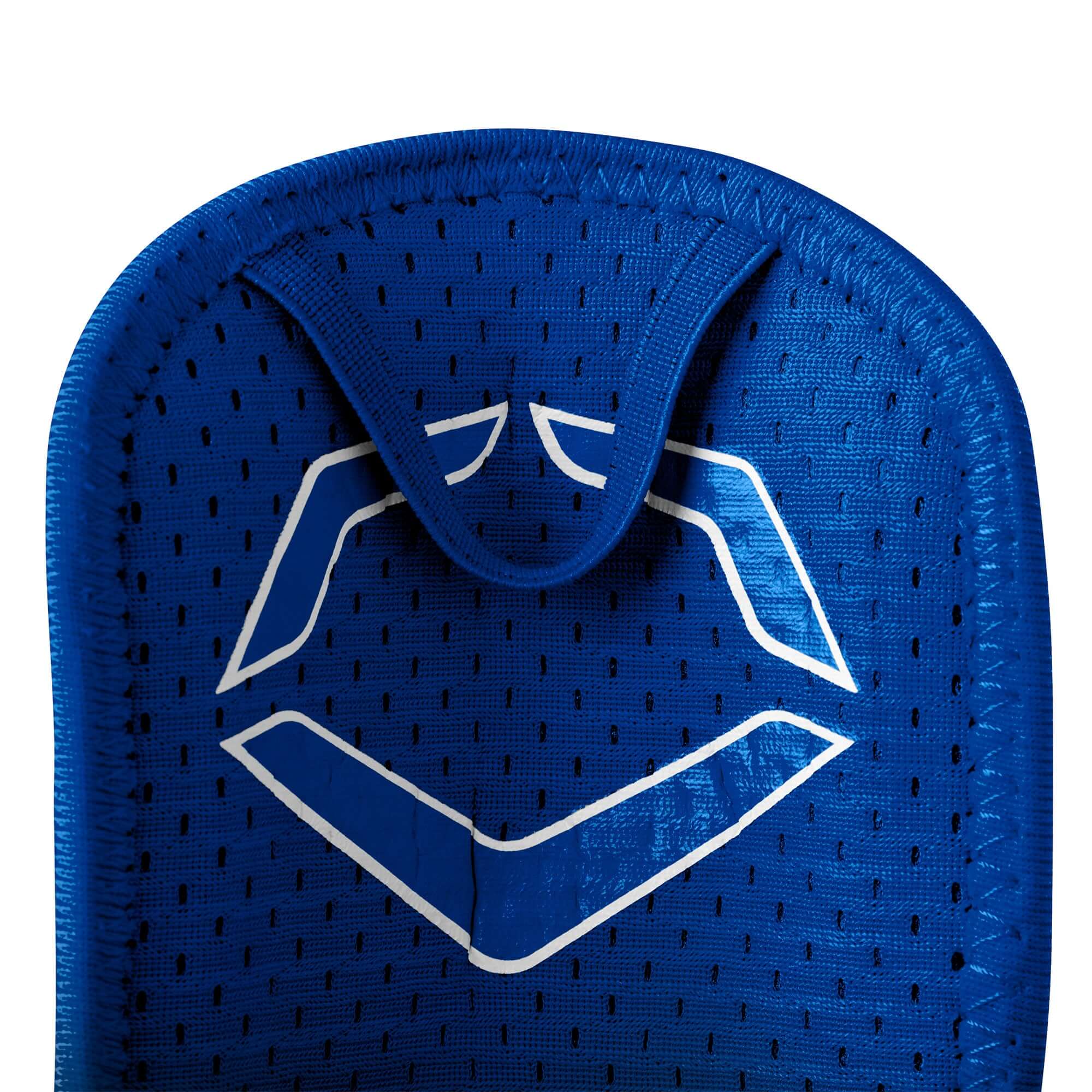 Close-up of the Evoshield Pro-SRZ 2.0 Batter's Hand Guard in blue, featuring breathable material and logo design.