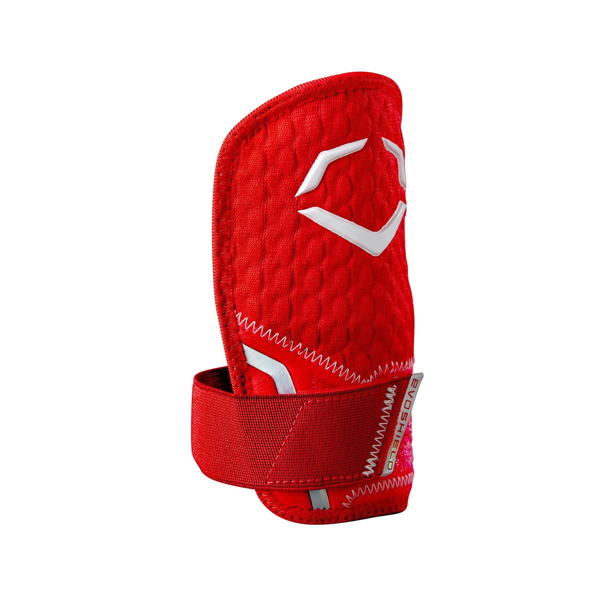 Evoshield Pro-SRZ 2.0 Batter’s Hand Guard in red, featuring Gel-to-Shell® Technology for optimal protection at the plate.