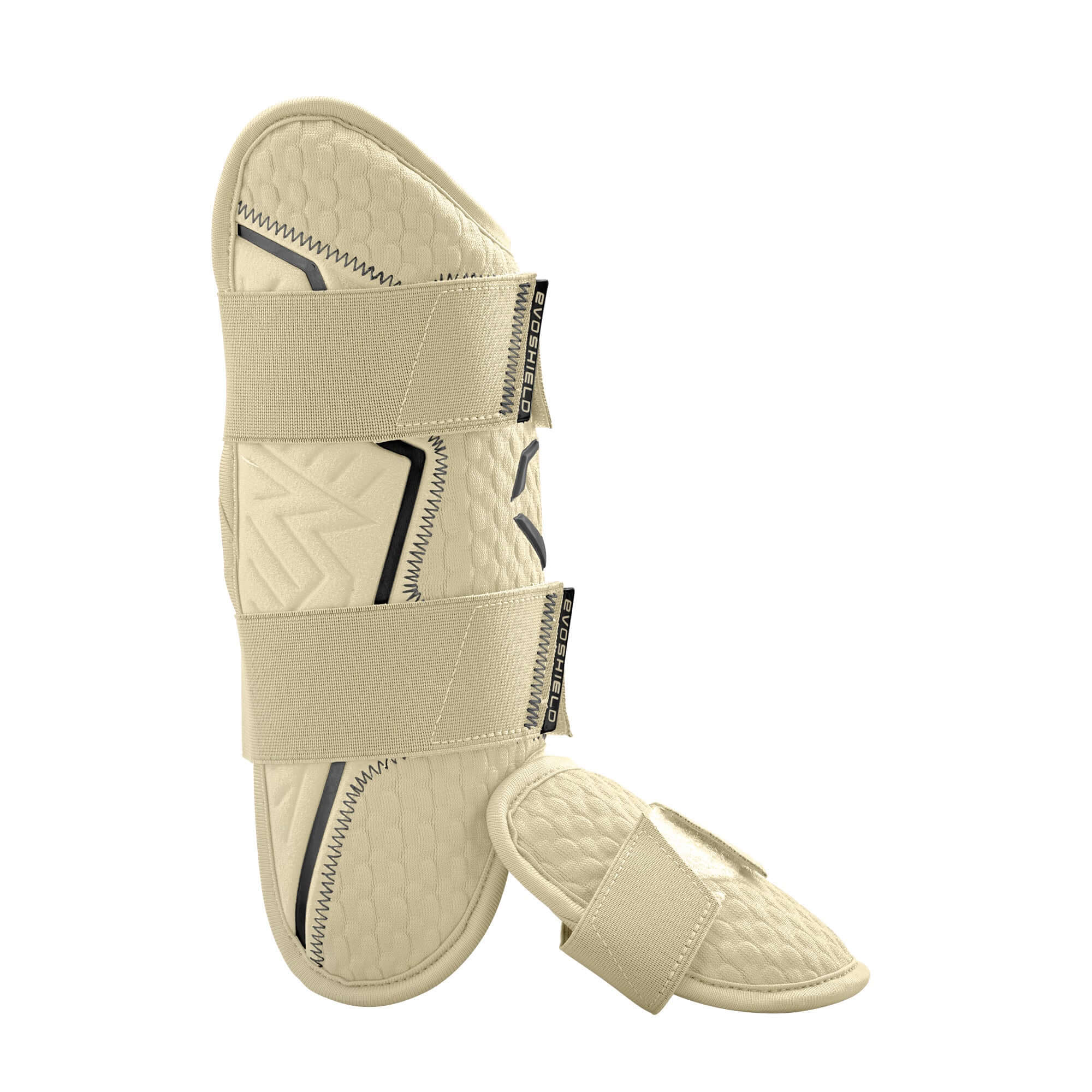 Evoshield PRO-SRZ 2.0 Batter's Leg Guard LHH in Sand color with iridescent accents and ergonomic design.