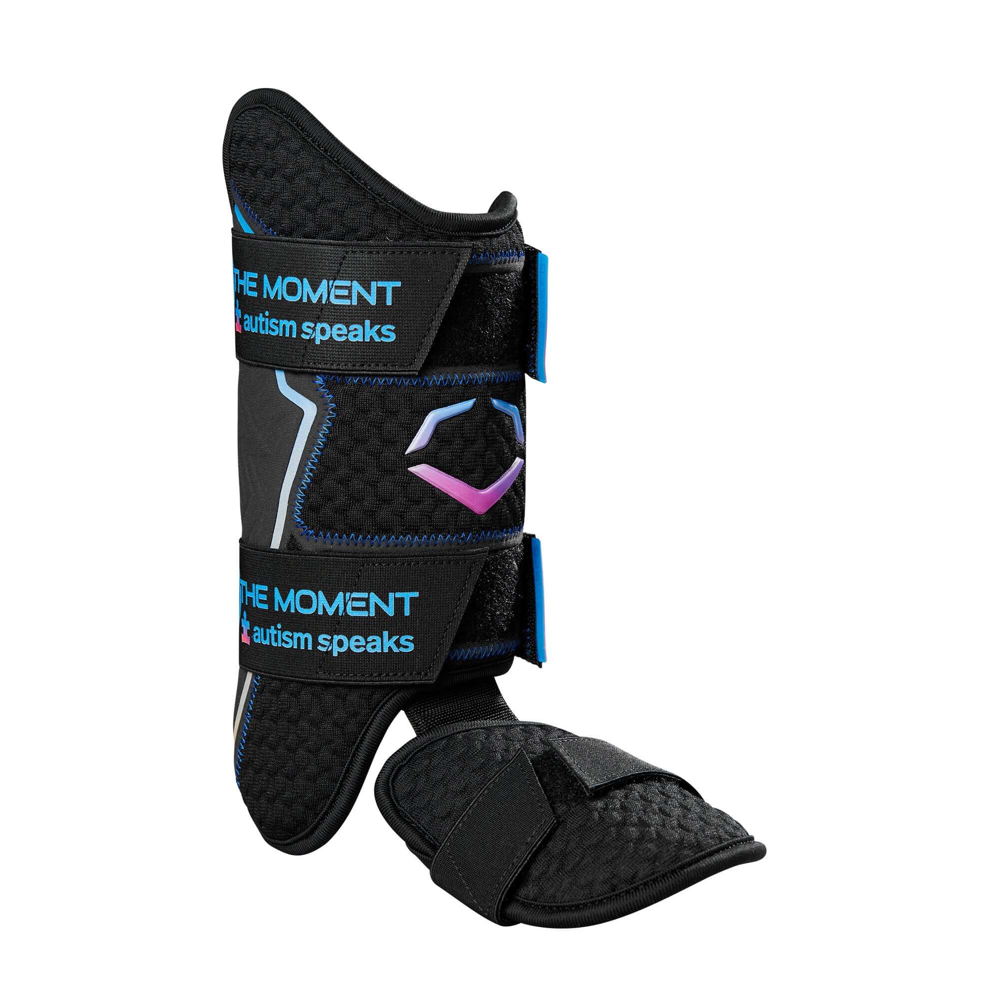 Evoshield Autism Speaks Pro SRZ 2.0 Leg Guard RHH featuring gel-to-shell technology and secure straps.