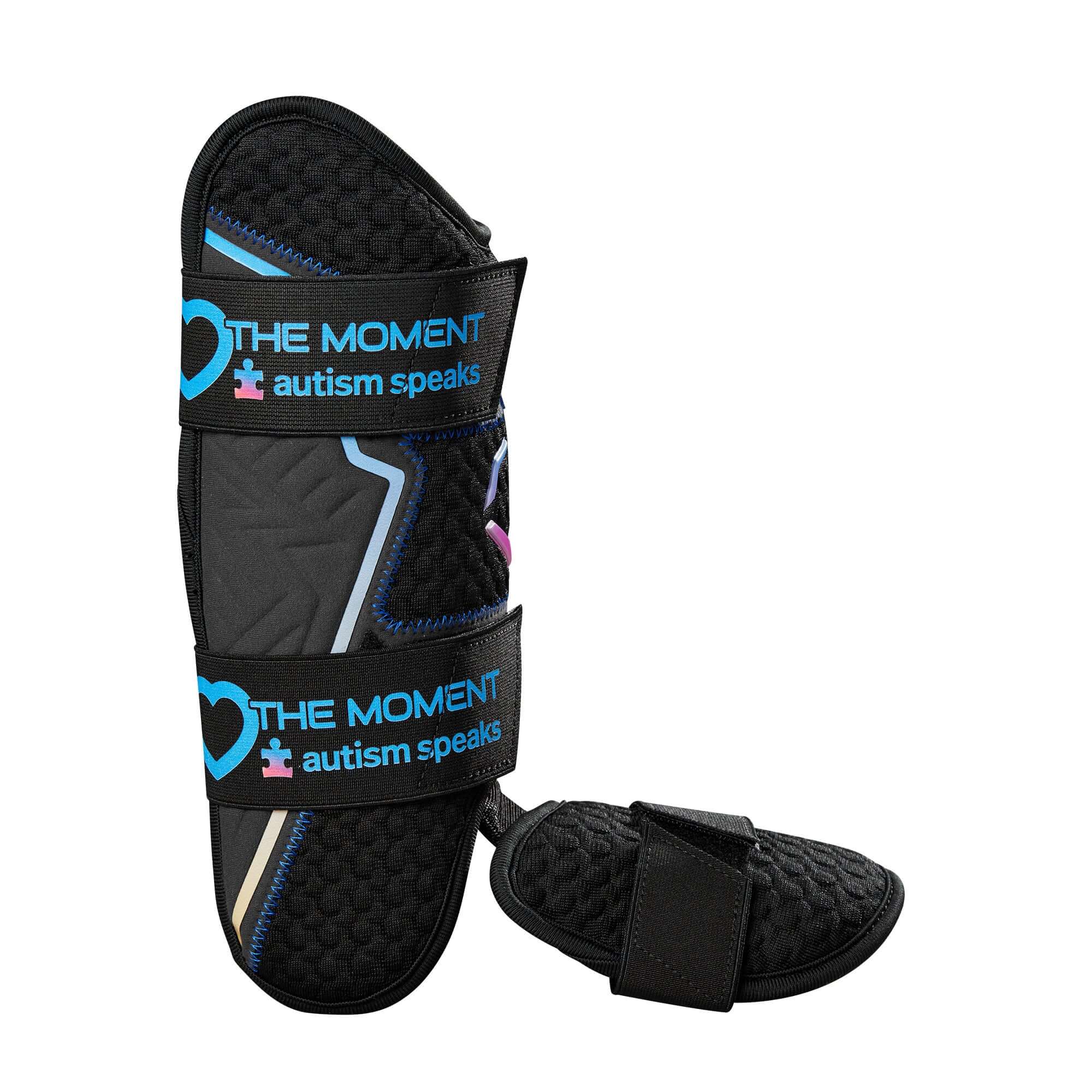 Evoshield Autism Speaks Pro SRZ 2.0 Leg Guard RHH with gel-to-shell technology and iridescent straps.