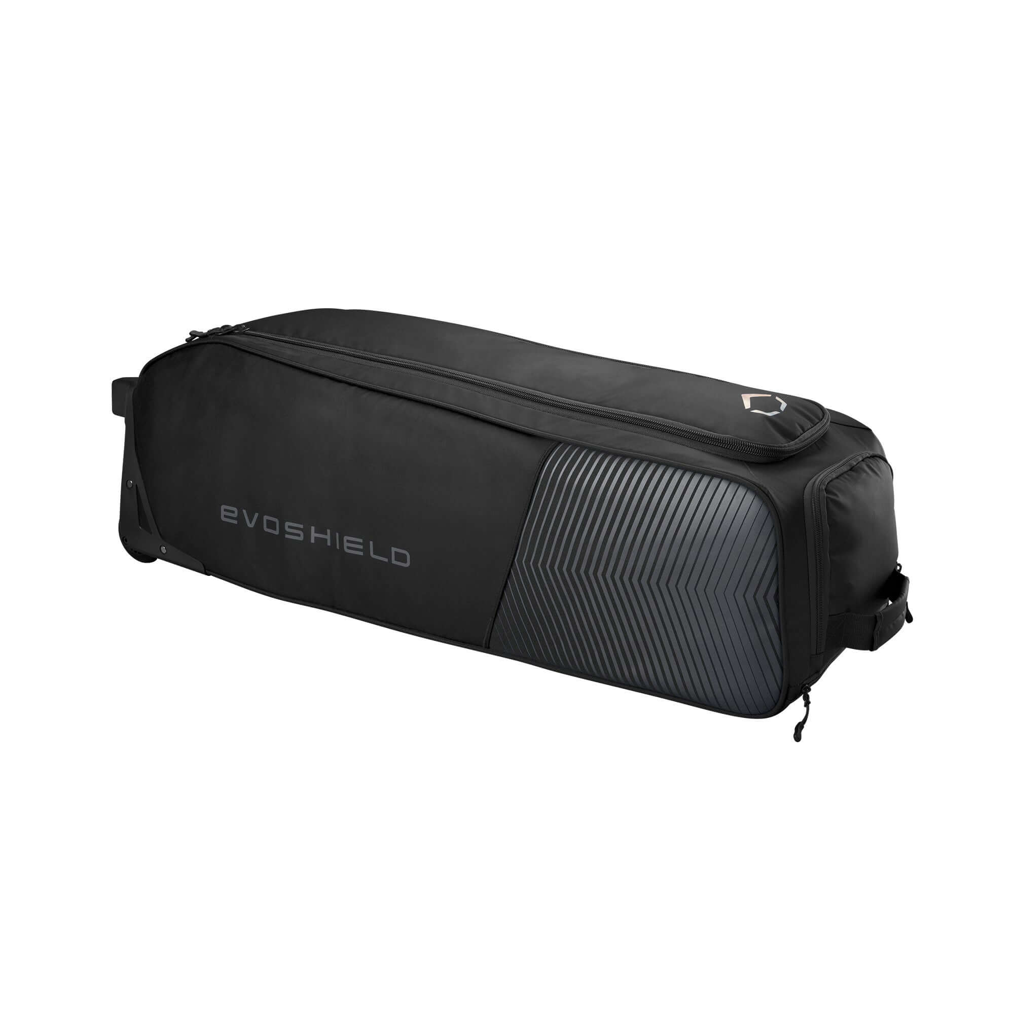 Evoshield Tone Set Wheeled Bag in black, designed for carrying sports equipment with high rise wheels for easy transport.