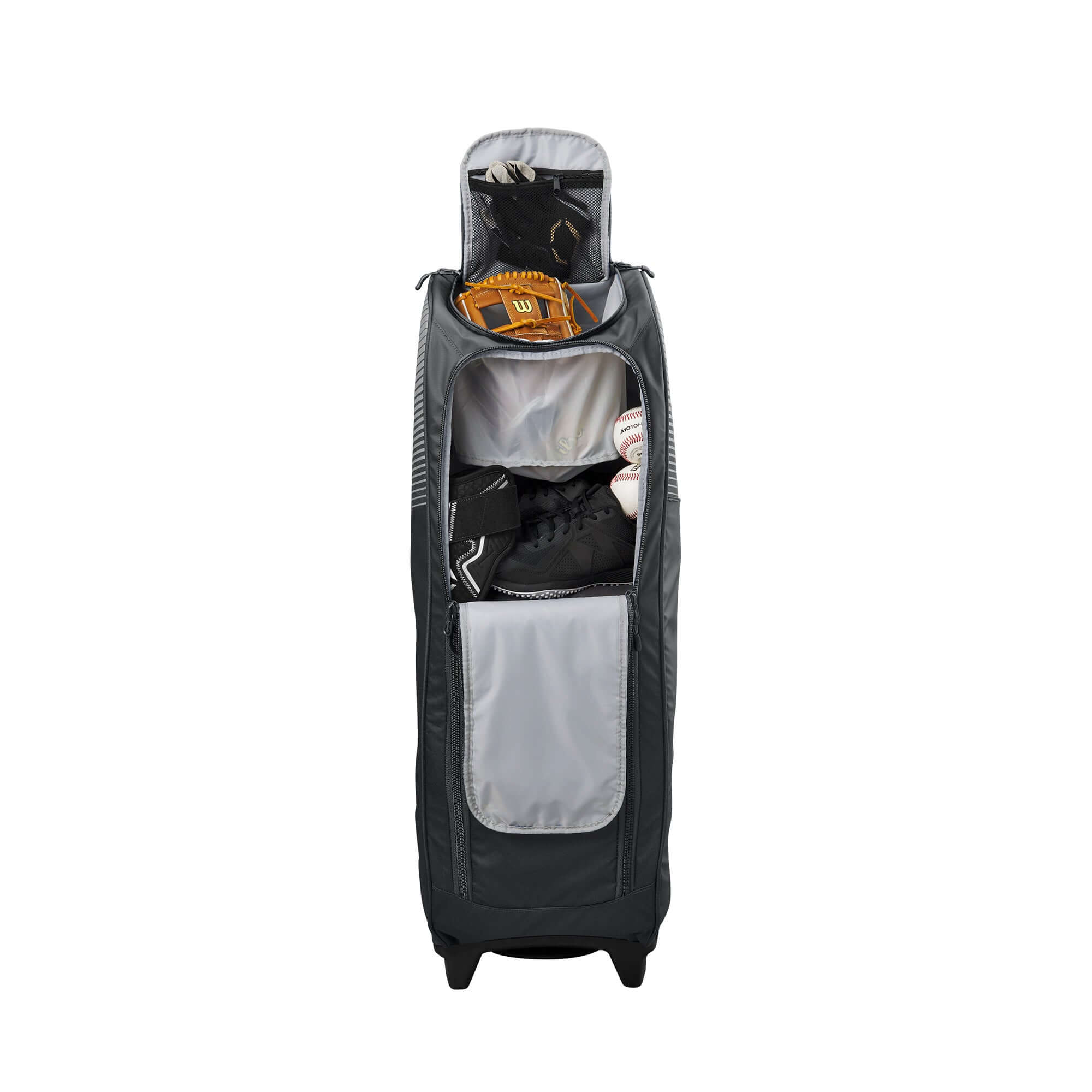 Evoshield Tone Set Wheeled Bag with organized compartments for gear and accessories, perfect for sports practices and games.