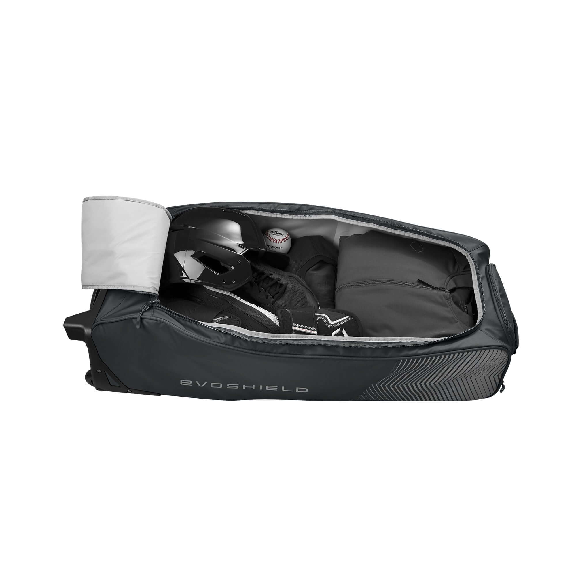 EvoShield Tone Set Wheeled Bag opened, displaying spacious interior for sports gear and accessories.