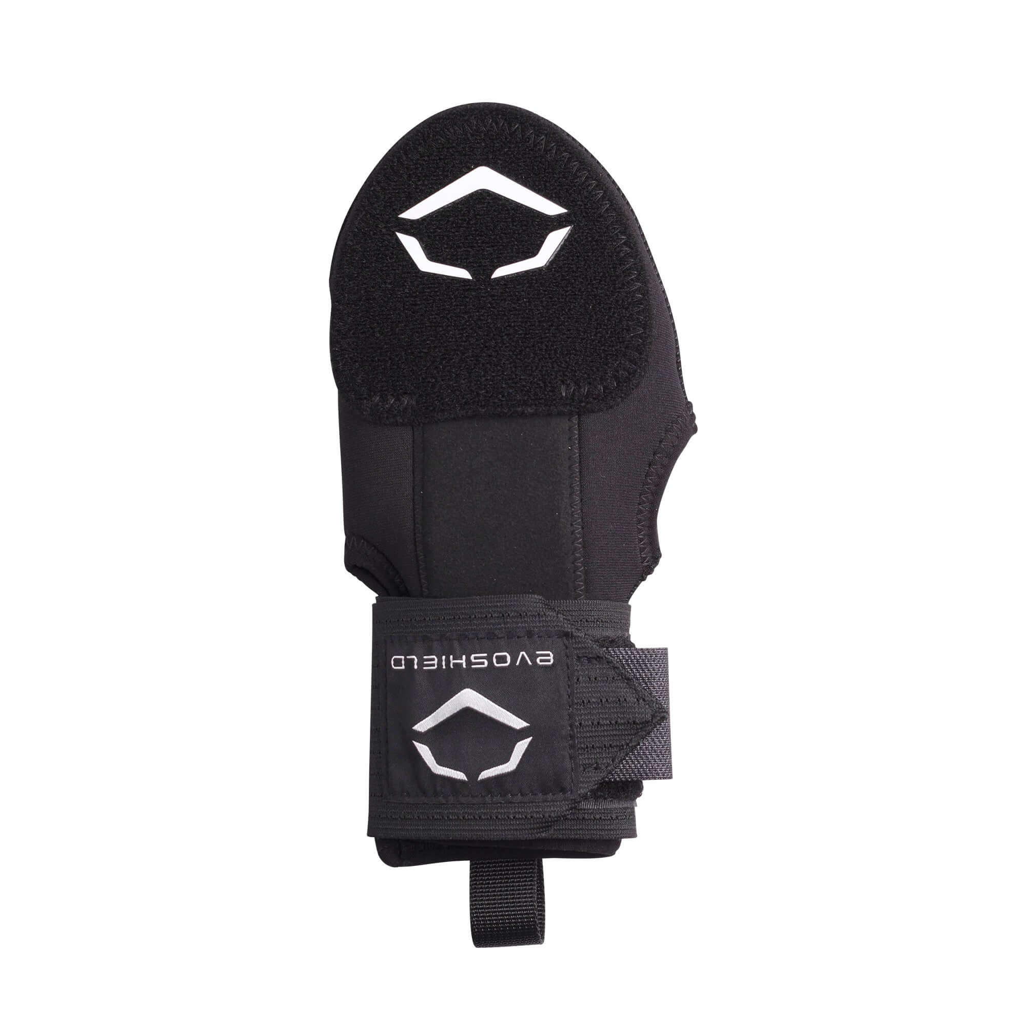 Evoshield Youth Sliding Mitt top view showing black exterior and logo on protective plate and strap.