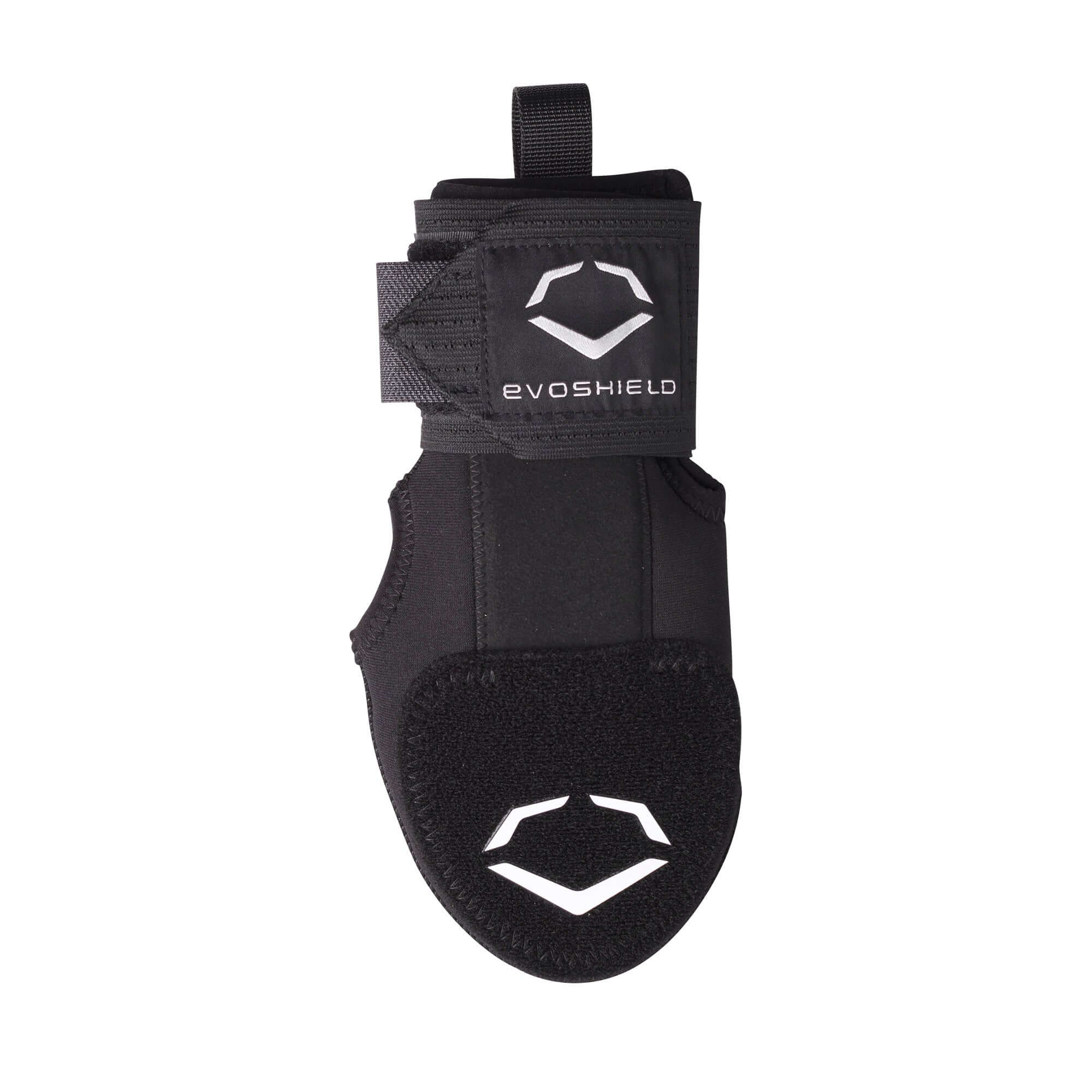 Evoshield Youth Sliding Mitt top view showing protective plates, logo, and wrist strap in black.