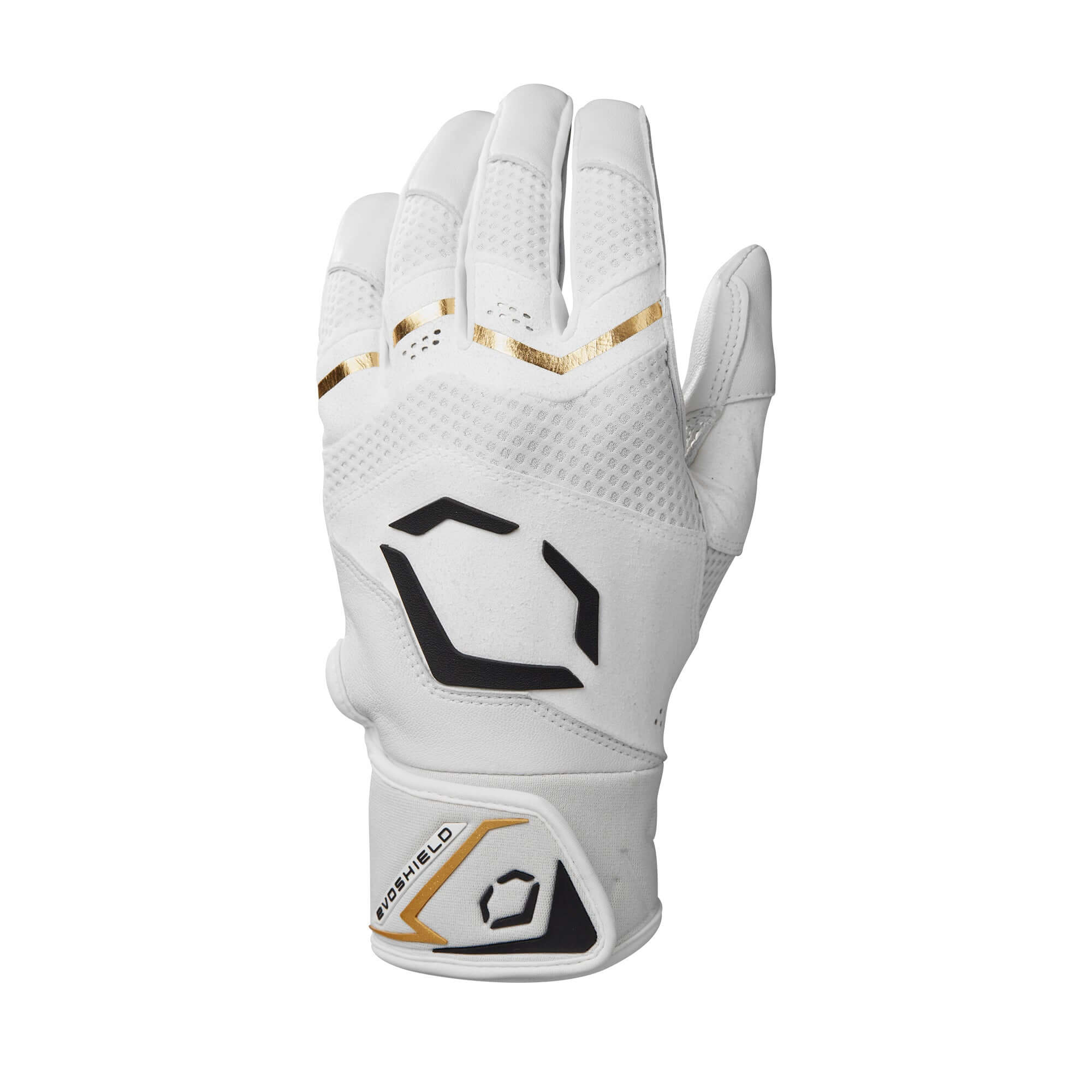 Evoshield Adult Carbyne Batting Gloves in Team White featuring Cabretta leather palm for superior grip and durability.