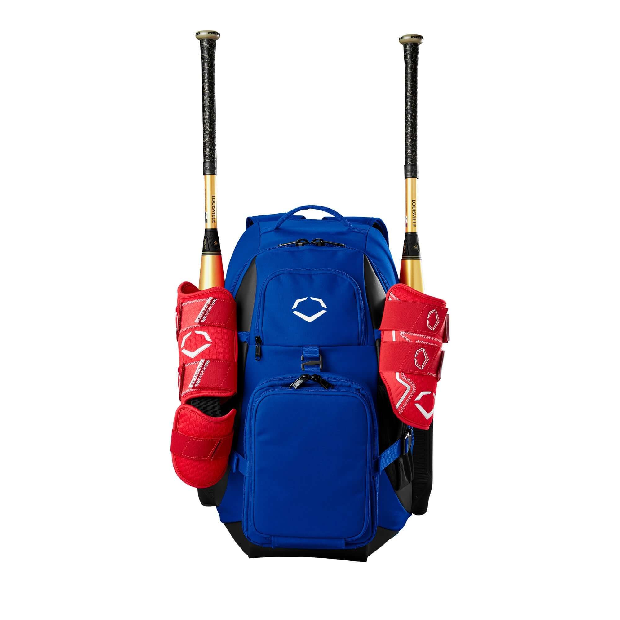 Evoshield Recruit Backpack in blue with two red bat sleeves, designed for athletes with ample storage for gear and helmets.