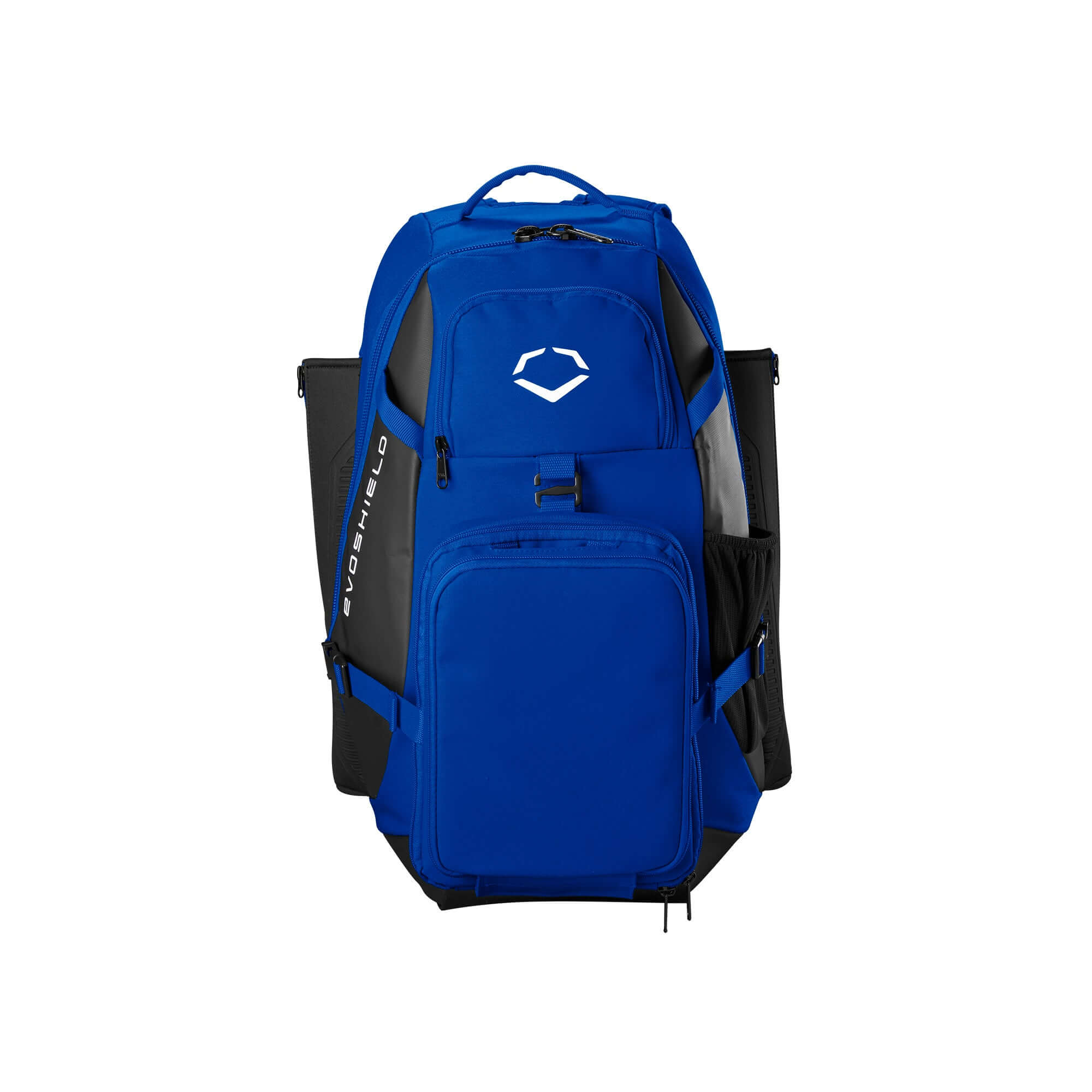 Evoshield Recruit Backpack in blue, featuring multiple compartments for sports gear and water-resistant bottom.