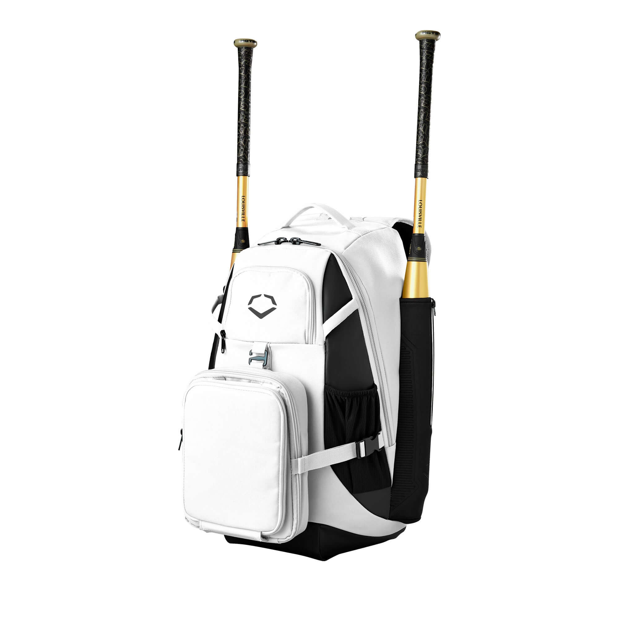 Evoshield Recruit Backpack with bat sleeves, durable design, and fleece lined pocket for baseball gear and valuables.