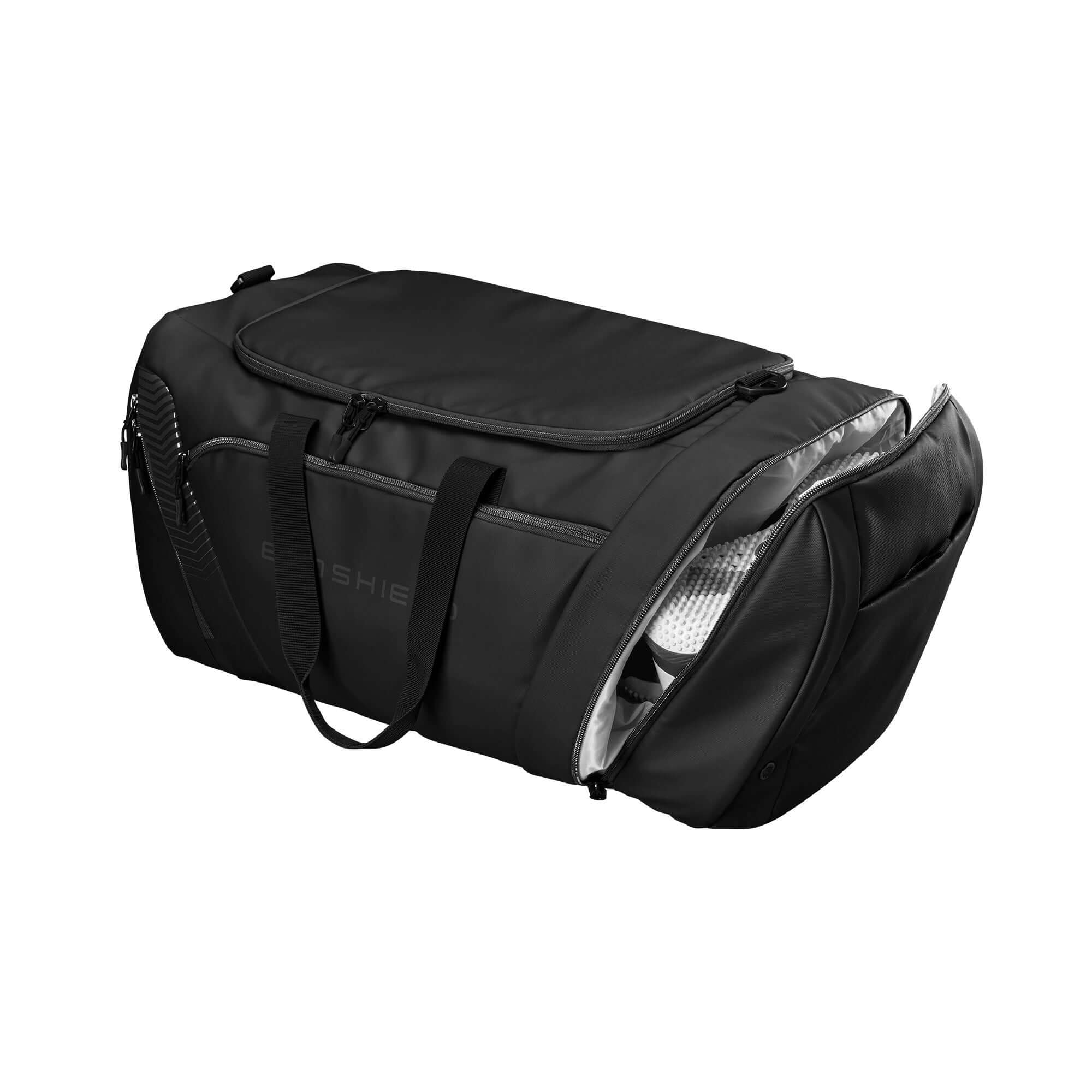 Evoshield Tone Set Players Duffle Black, spacious sports bag for gear, helmets, and shoes, perfect for travel and tournaments.