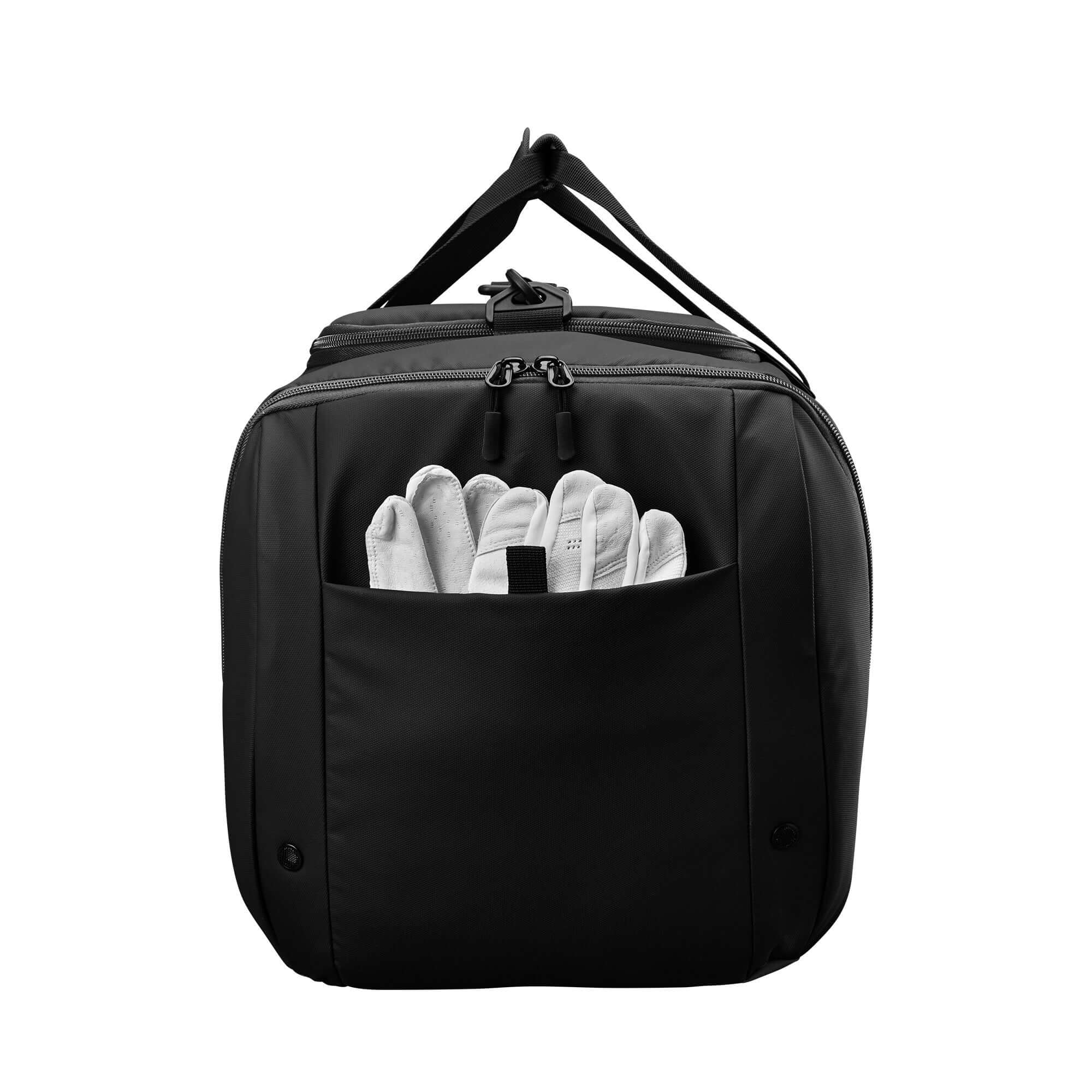 Evoshield Tone Set Players Duffle in black featuring a side pocket with fielding gloves for convenient storage.