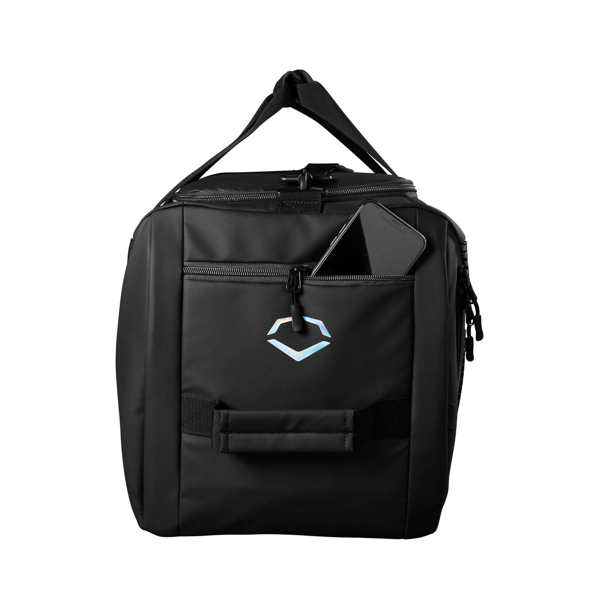 Evoshield Tone Set Player's Duffle Bag in black with zipper pockets for sports gear and essentials.