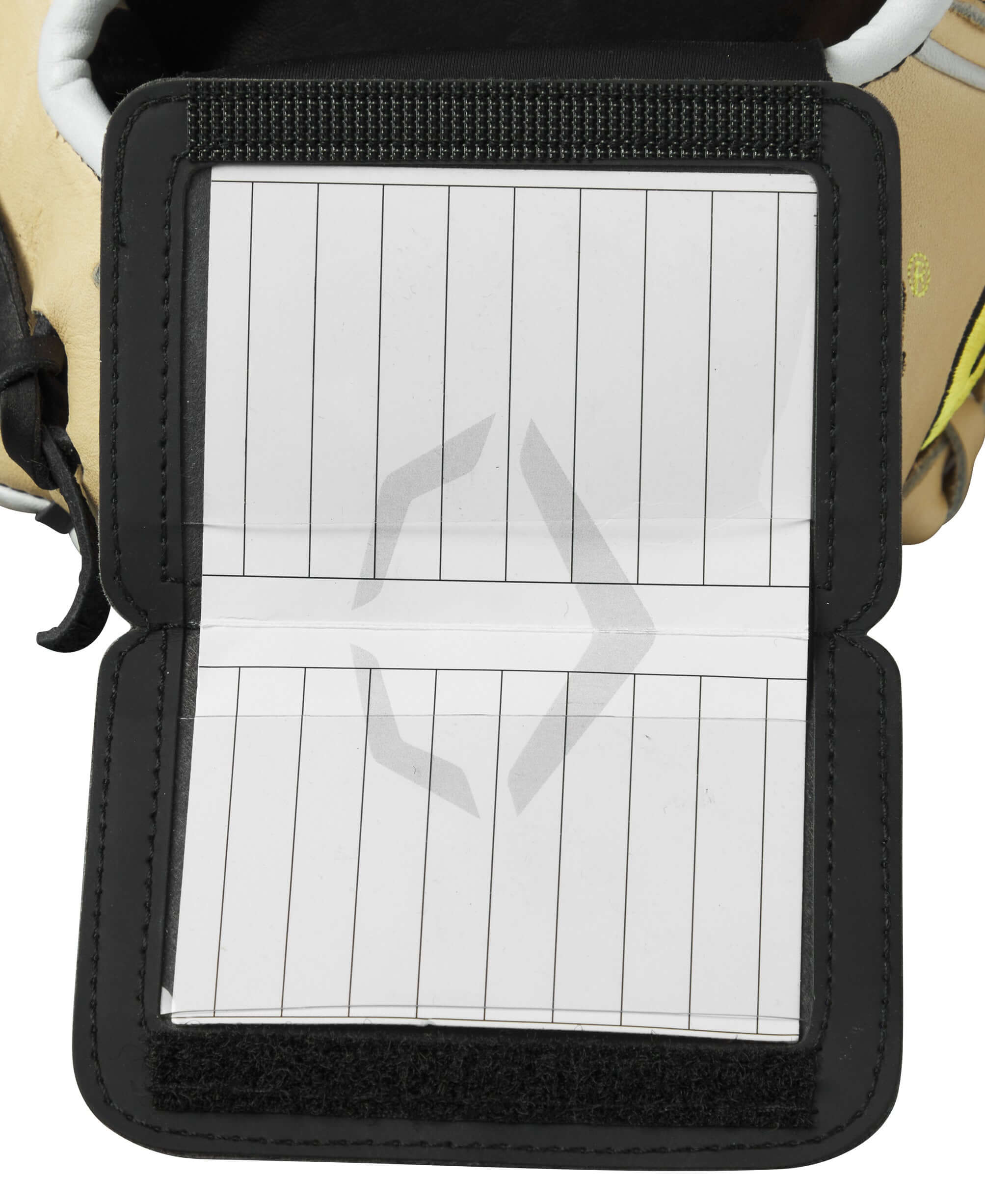 Open Velcro cover of EvoShield Playcall Wrist Wrap showing notecard for recording plays and signals.