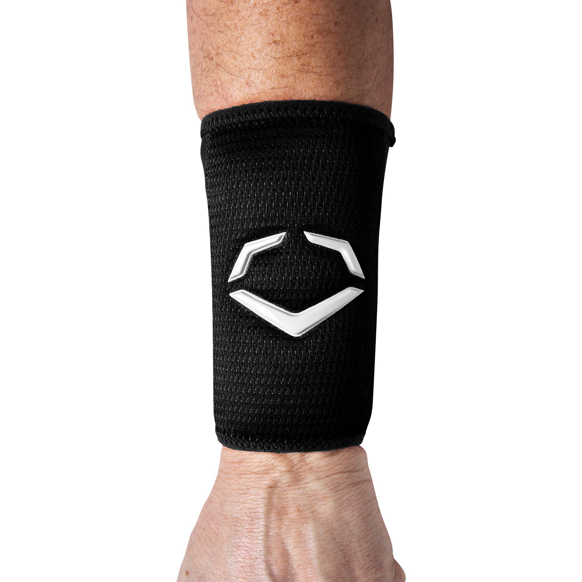 Evoshield Pro-SRZ 2.0 Protective Wrist Guard on arm, showcasing black design and logo.