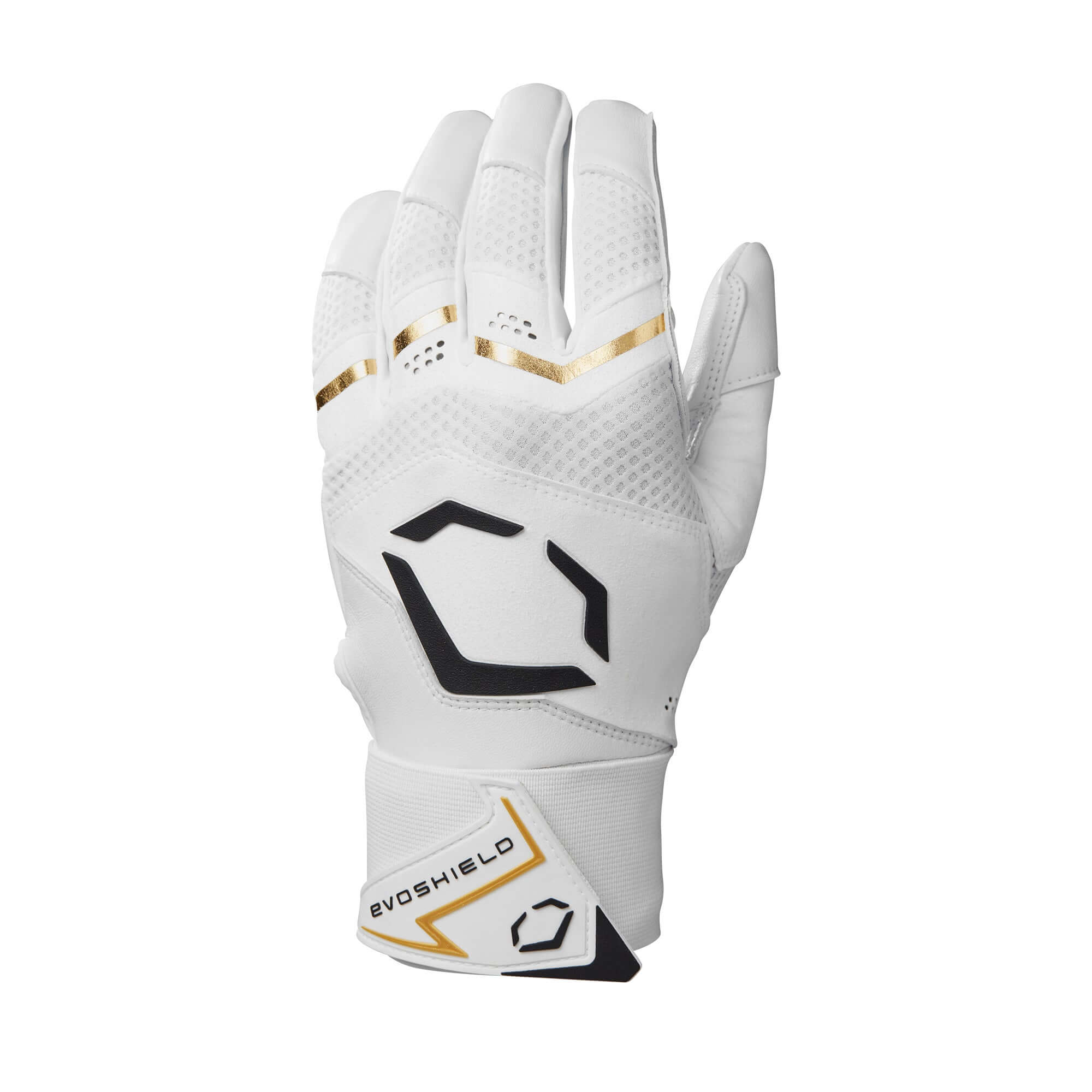 Evoshield Adult Carbyne Batting Gloves in Team White with gold accents and premium leather for superior grip and durability.