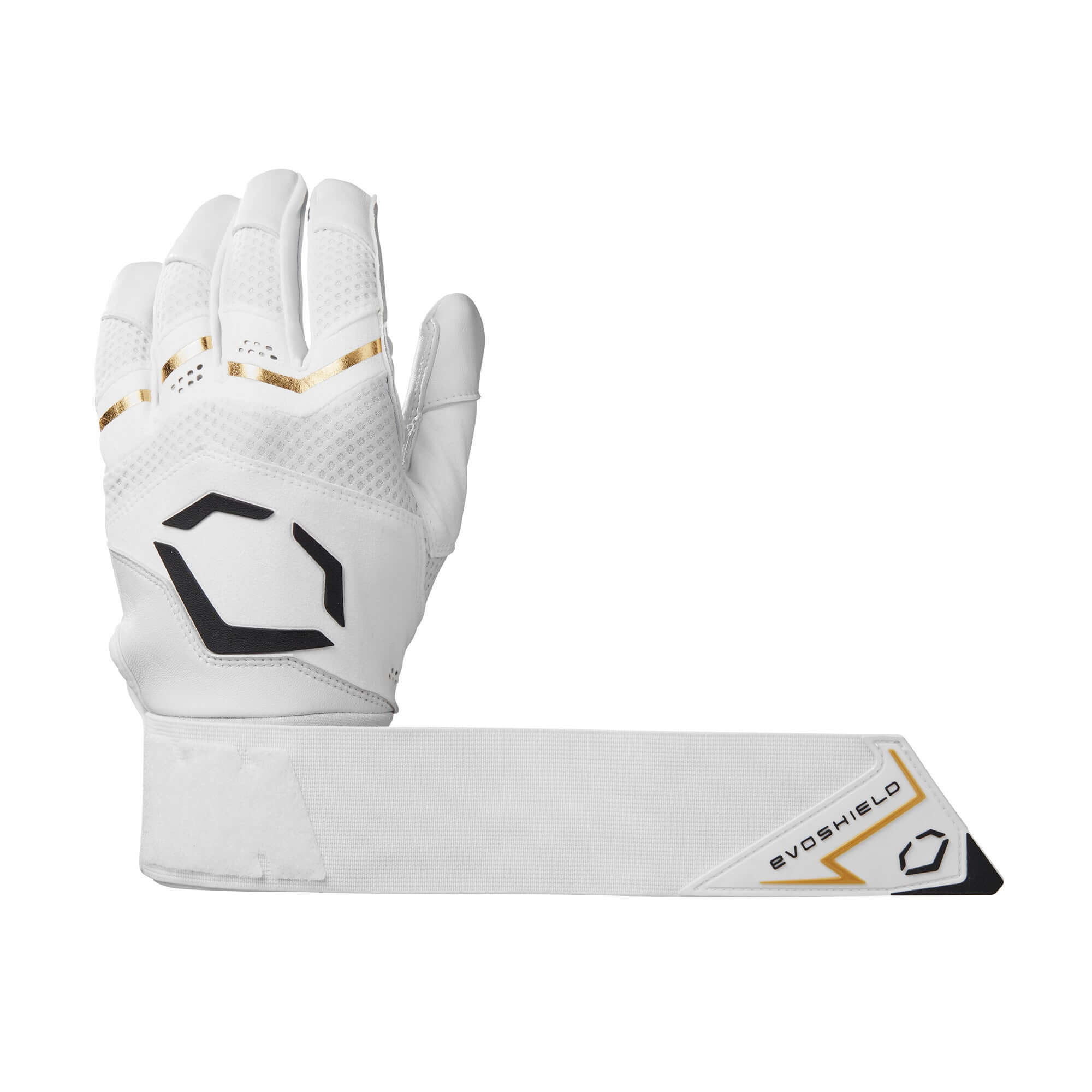 Evoshield Adult Carbyne batting gloves in Team White, featuring Cabretta leather palm and adjustable strap for enhanced grip.