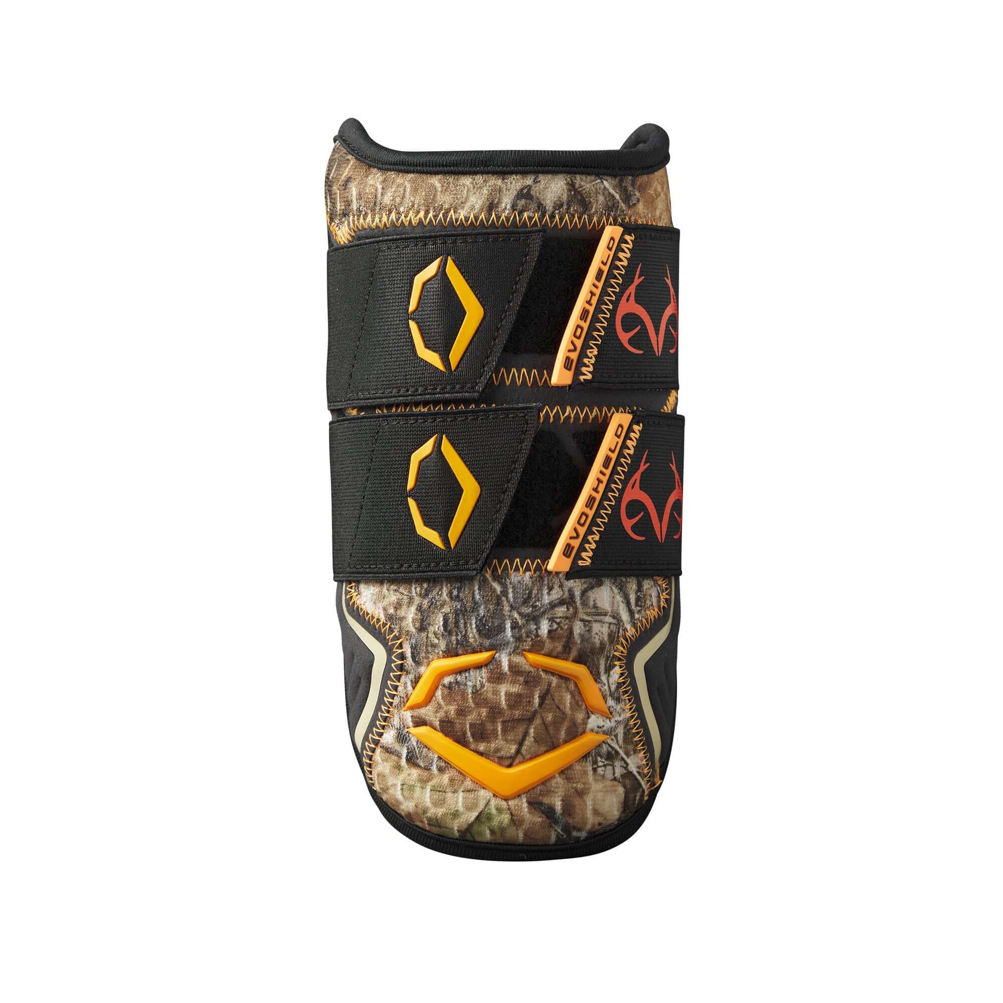 Evoshield Pro-SRZ 2.0 Double Strap Elbow Guard in Realtree EDGE Camo with orange accents for baseball and softball protection.
