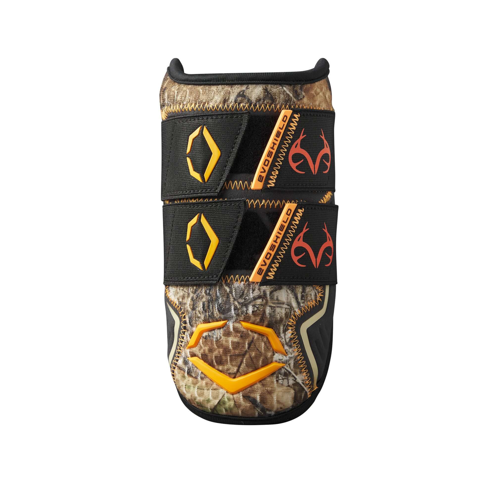 Evoshield Pro-SRZ 2.0 Double Strap Elbow Guard in Realtree EDGE Camo with orange accents for baseball and softball protection.