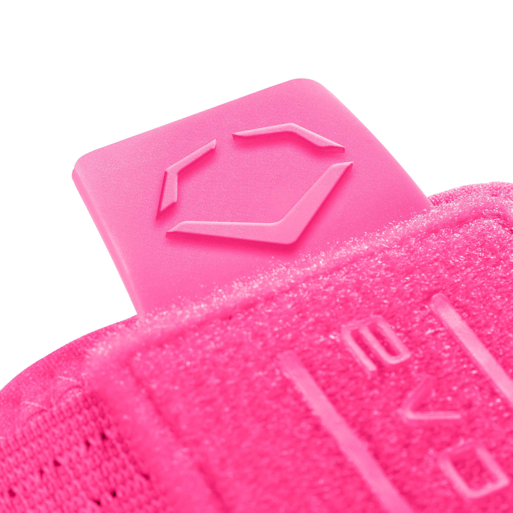 Close-up of Evoshield Sliding Mitt 2.0 pink strap featuring logo detail for enhanced grip and protection.