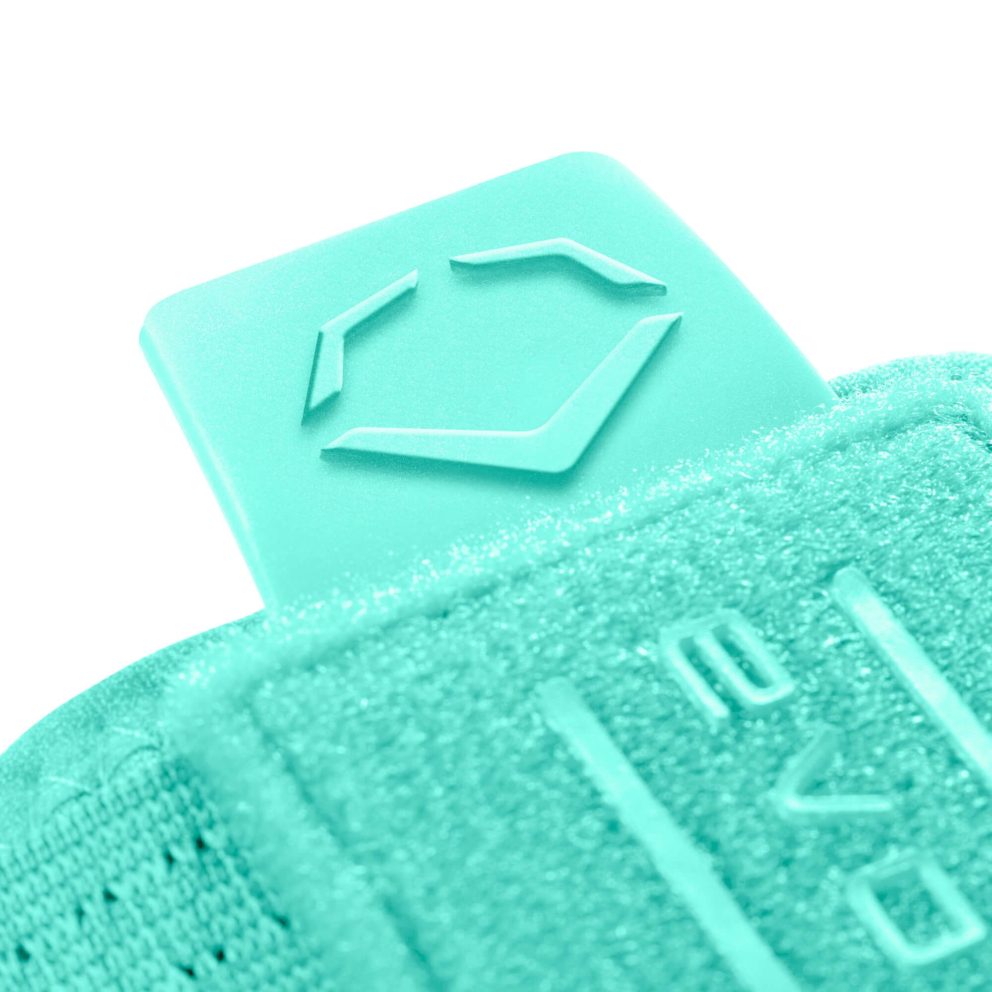 close-up of EvoShield Sliding Mitt 2.0 logo tag in teal, showcasing the brand's signature design detail.
