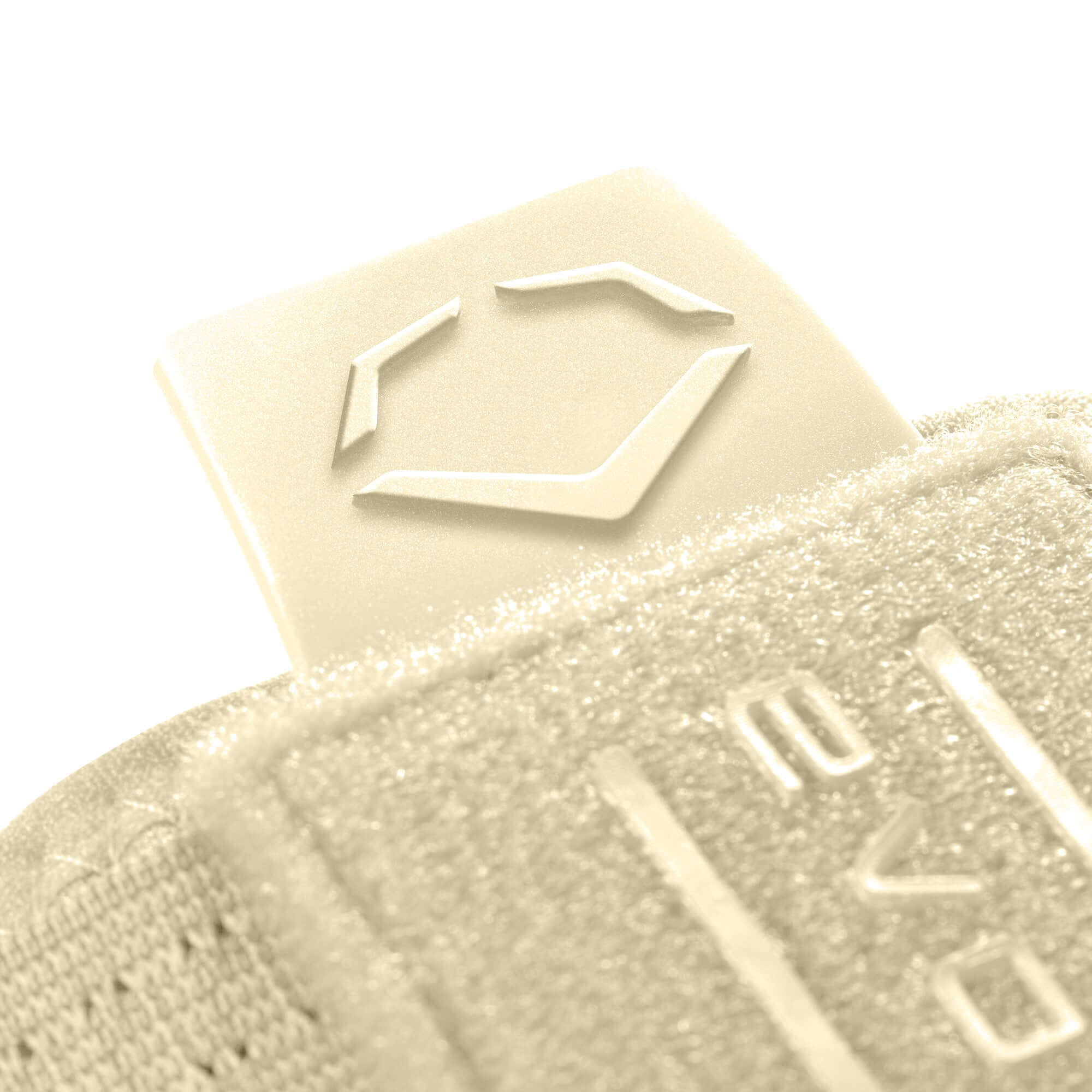 Close-up of the EvoShield Sliding Mitt 2.0 strap featuring the logo for enhanced grip and protection on the field.