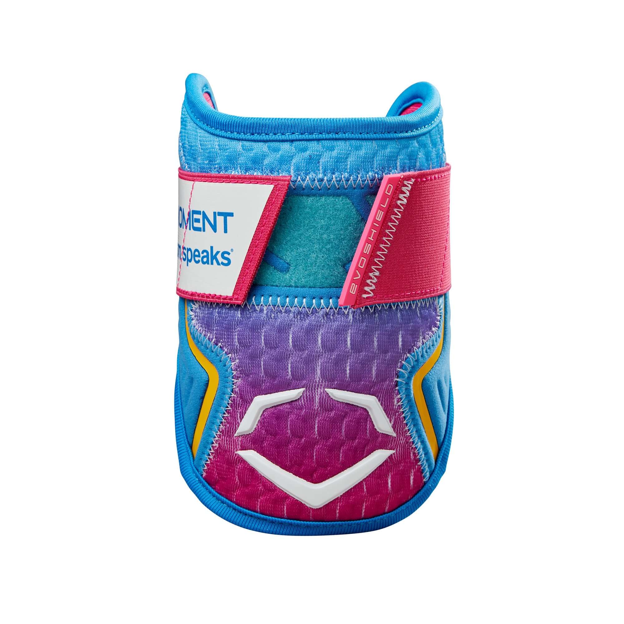 Evoshield 2024 X-SRZ Autism Speaks Elbow Guard in pink, victory, and purple with ergonomic design and gel-to-shell technology.