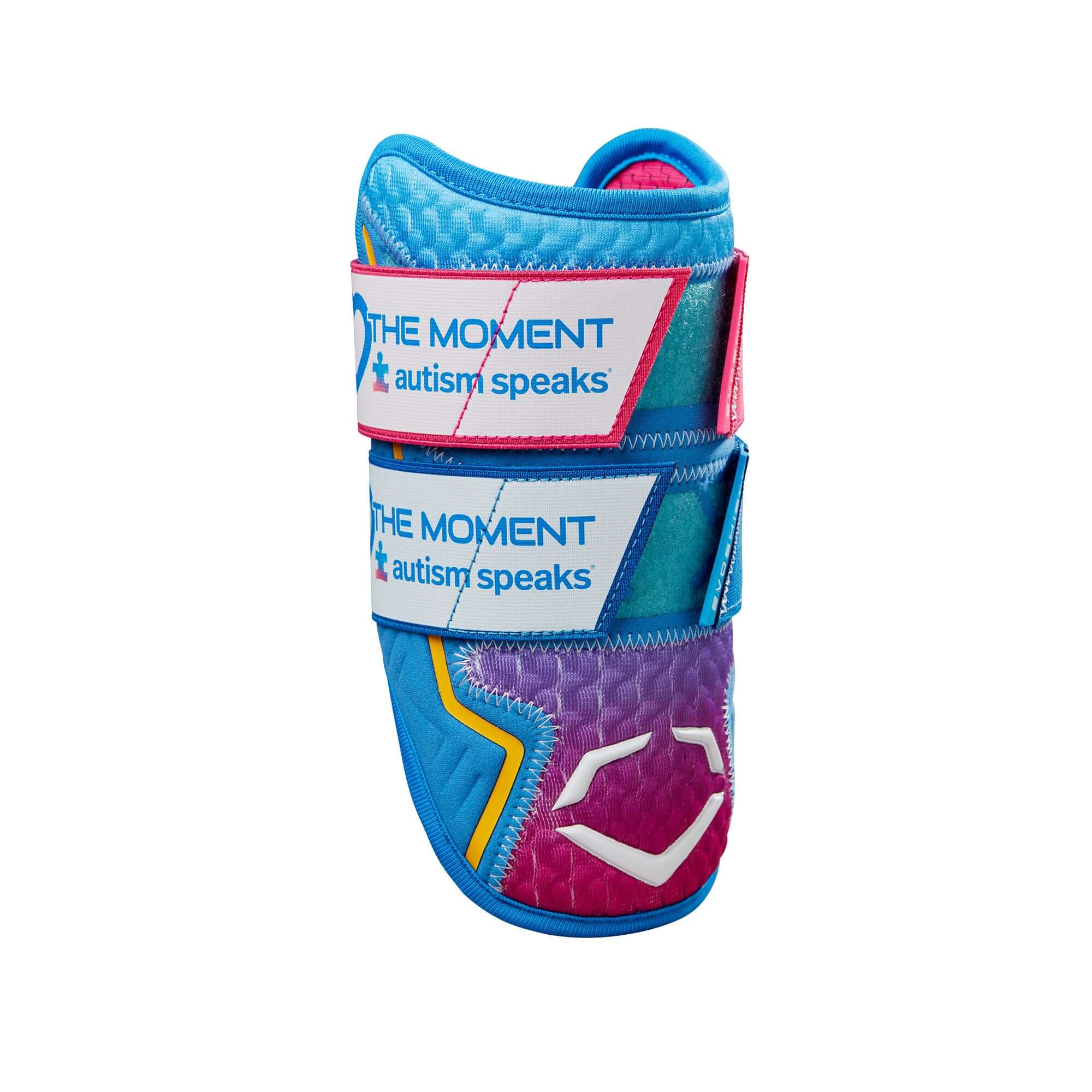 Evoshield 2024 X-SRZ Autism Speaks Double Strap Elbow Guard in pink and blue gradient with supportive features.