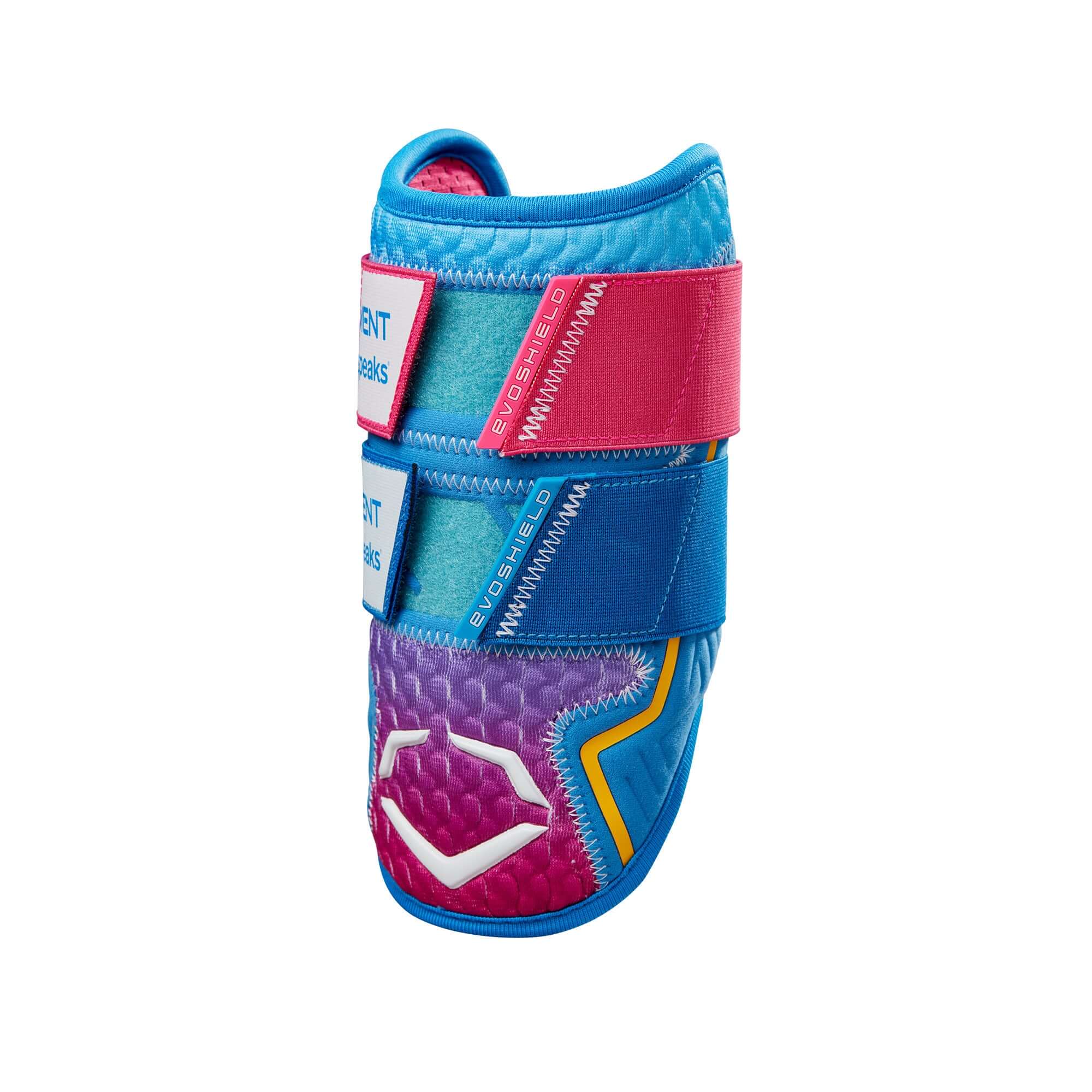 Evoshield 2024 X-SRZ Autism Speaks Double Strap Elbow Guard in pink, blue, and purple with Gel-to-Shell technology.