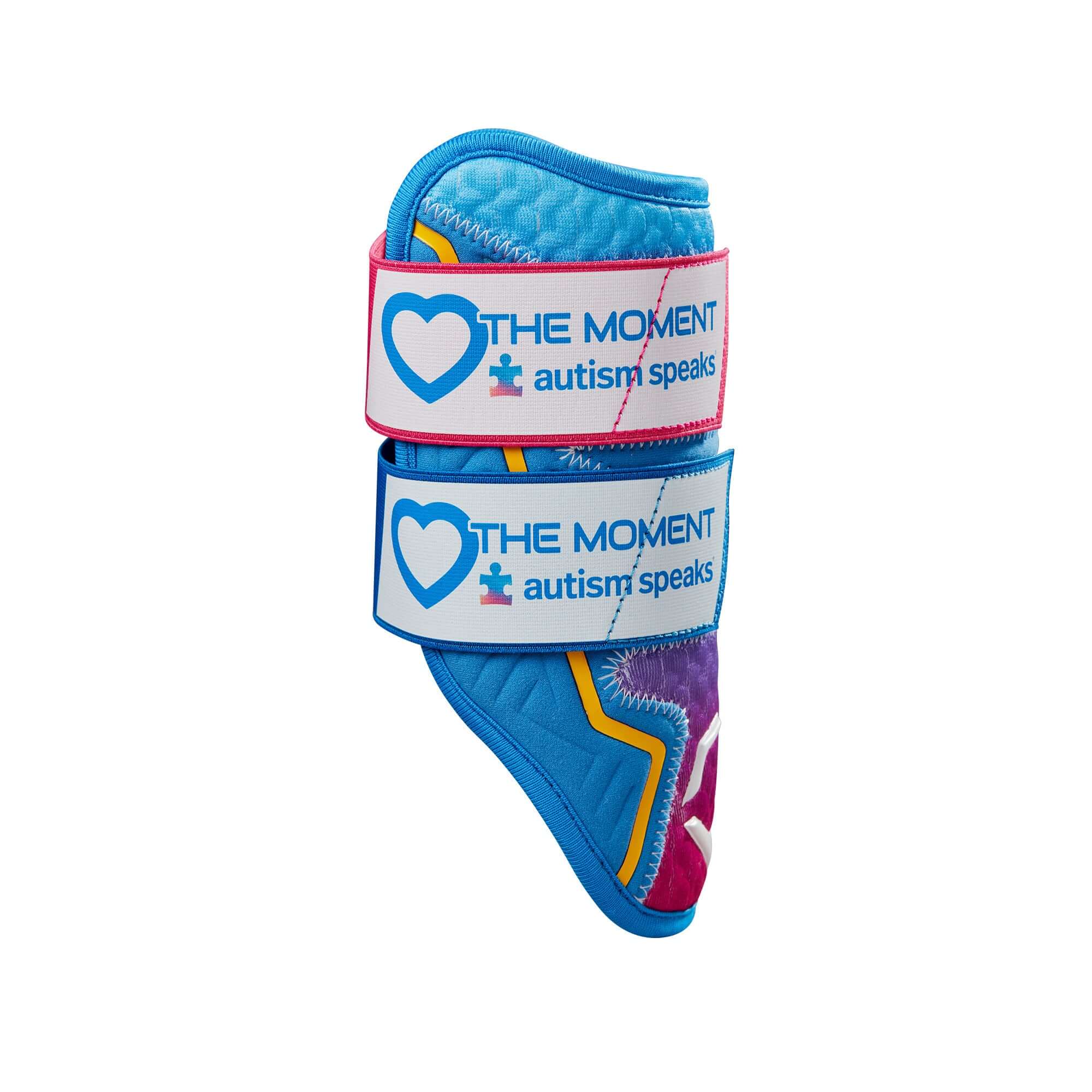 Evoshield 2024 X-SRZ Autism Speaks Elbow Guard in pink and blue with double straps, promoting inclusion in sports.